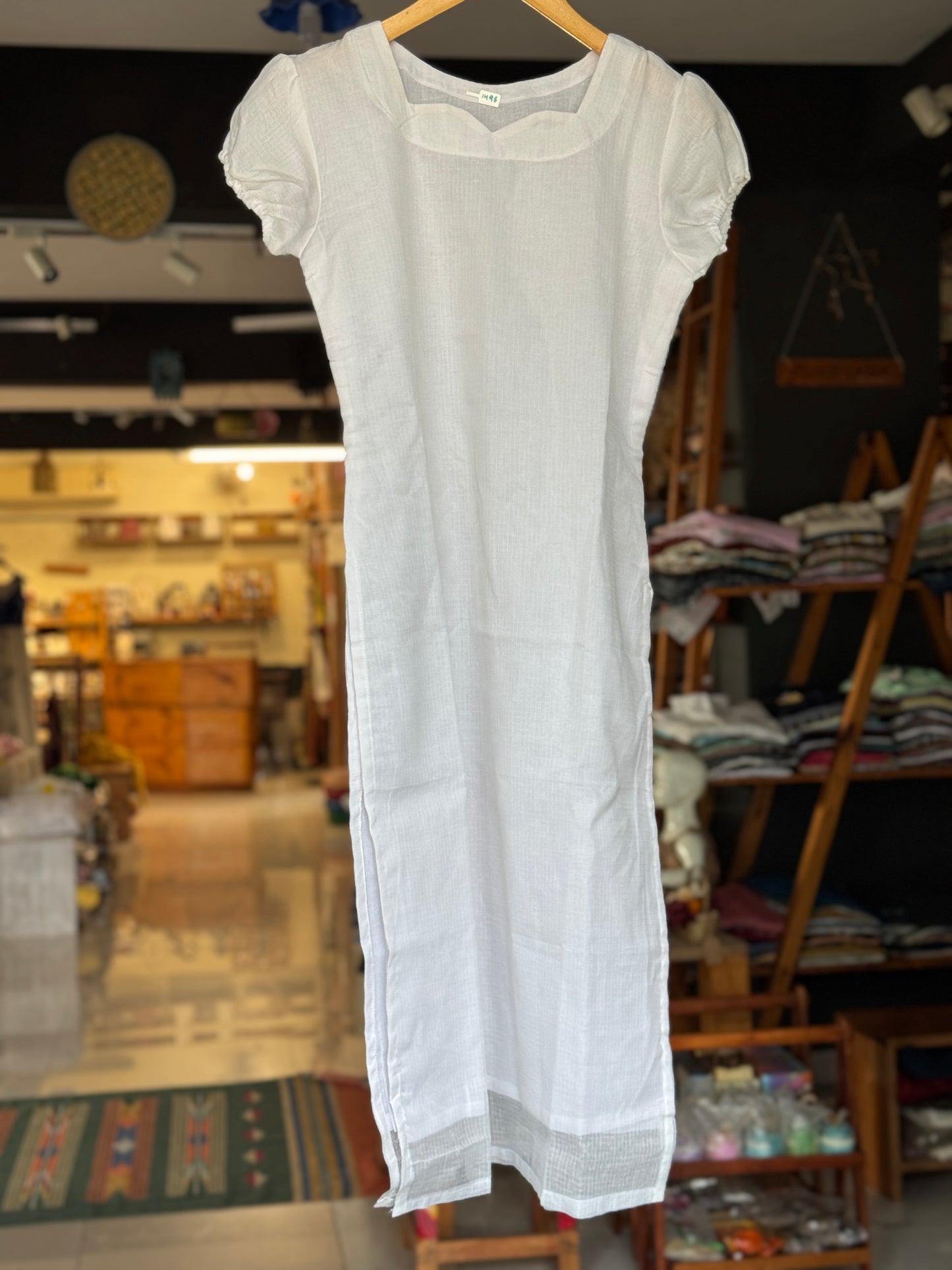 White kota cotton straight kurti with elastic hem sleeves