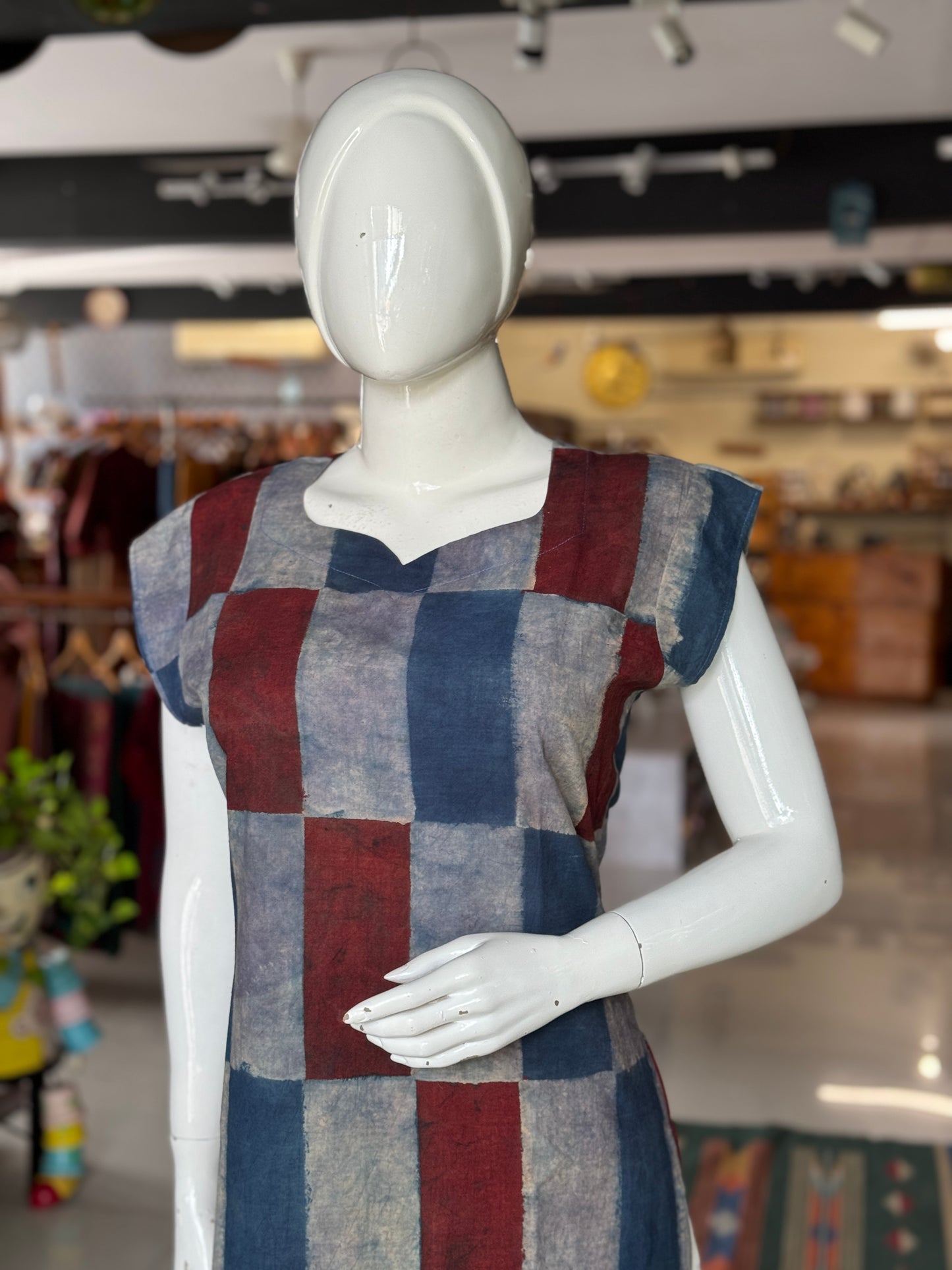 Indigo maroon rectangles Ajrakh hand block printed cotton straight kurti