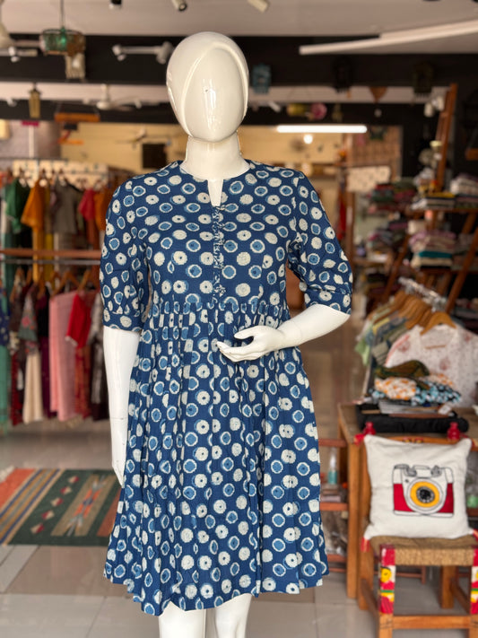 Indigo polka dots hand block printed short cotton dress