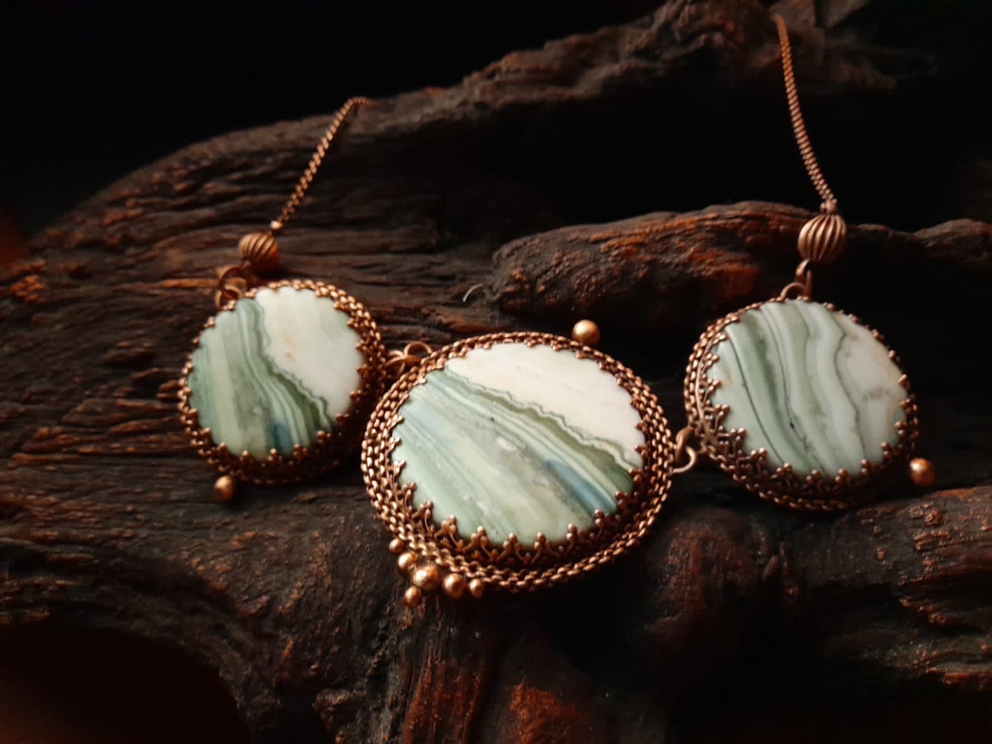 Rainbow jasper 3 stones copper handcrafted designer necklace