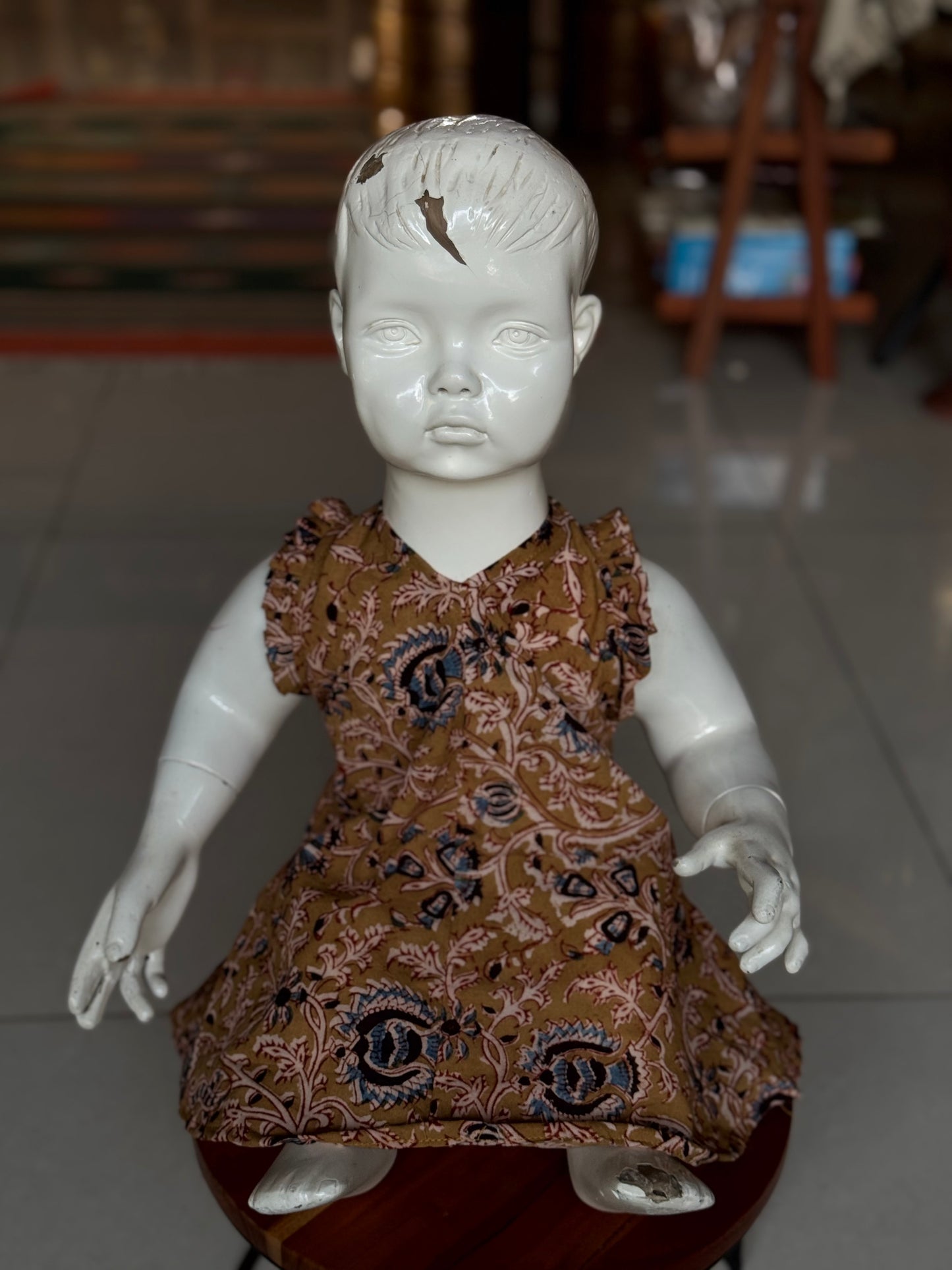 Kalamkari mehendi green hand block printed frock for little girls