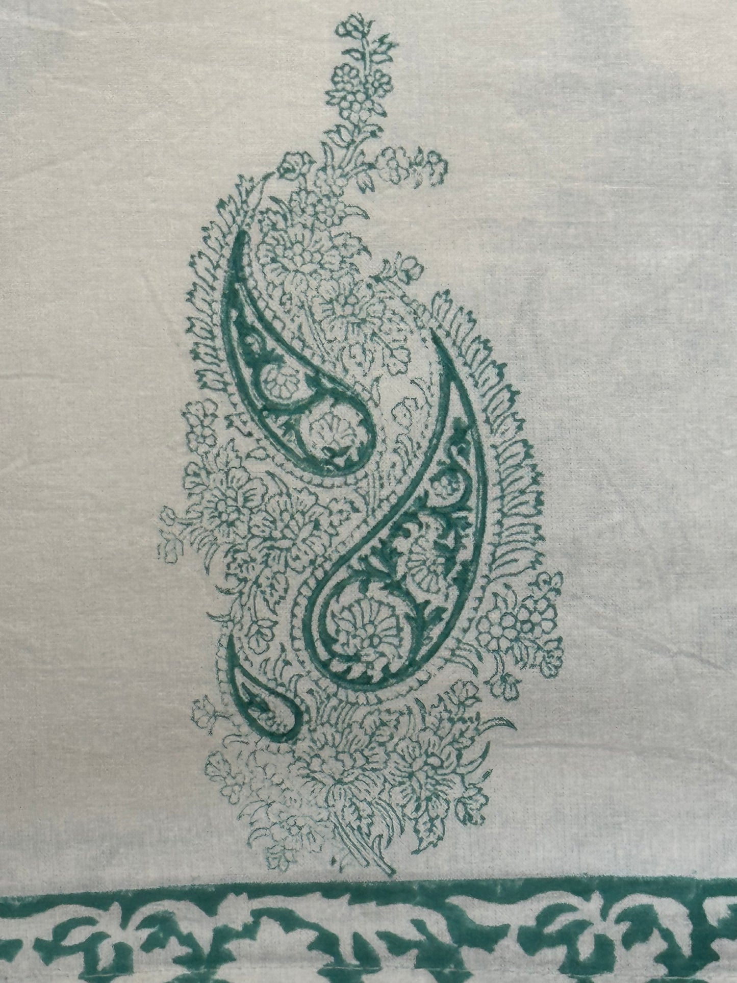 Sea green floral print (brass hand block prints) on white base pure cotton super king size bedsheet