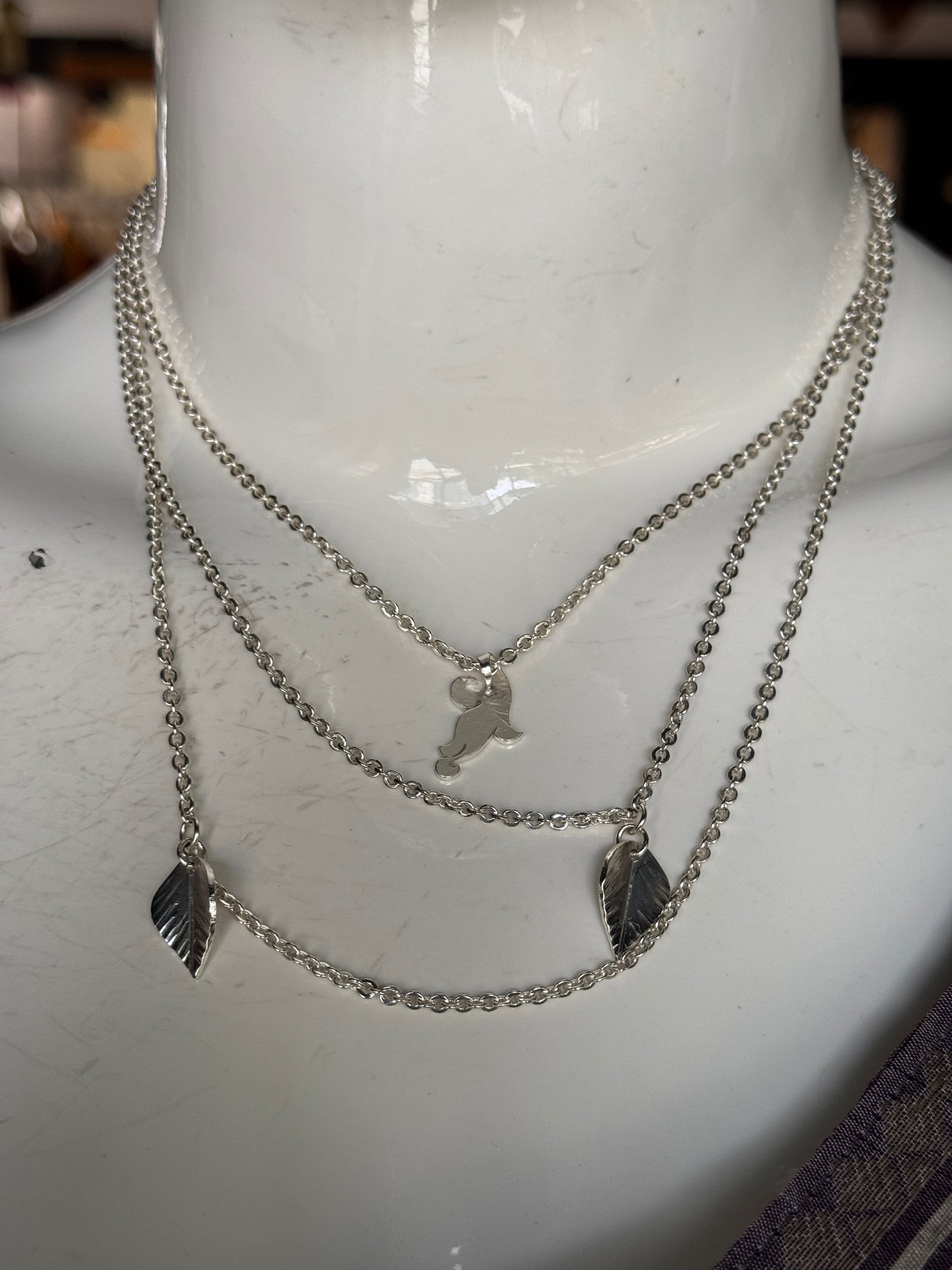 Three layers chains with leaves and flower charms - handcrafted copper neckpiece