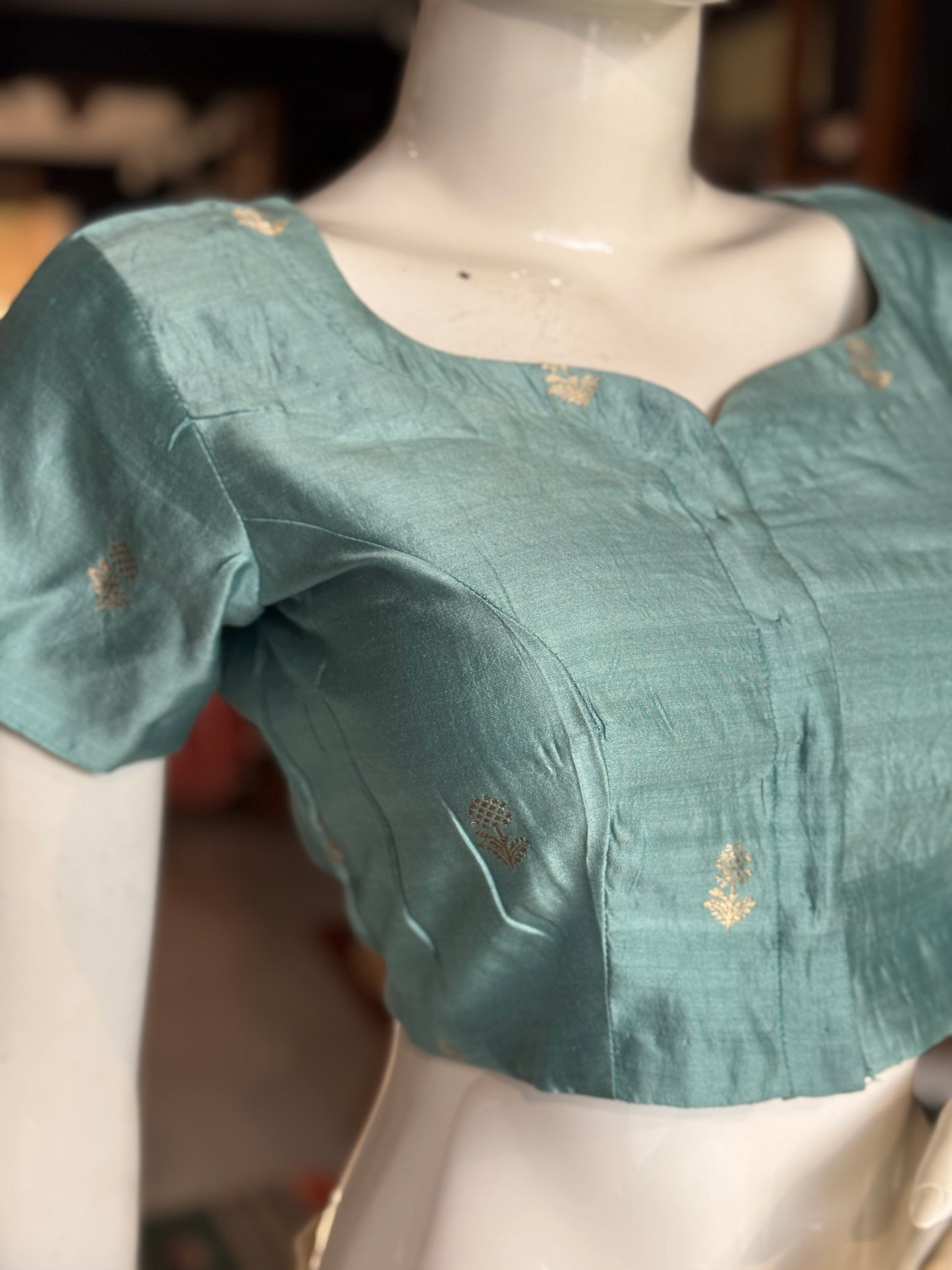 Pastel blue hand woven pure silk blouse with flower butis - front open, with lining