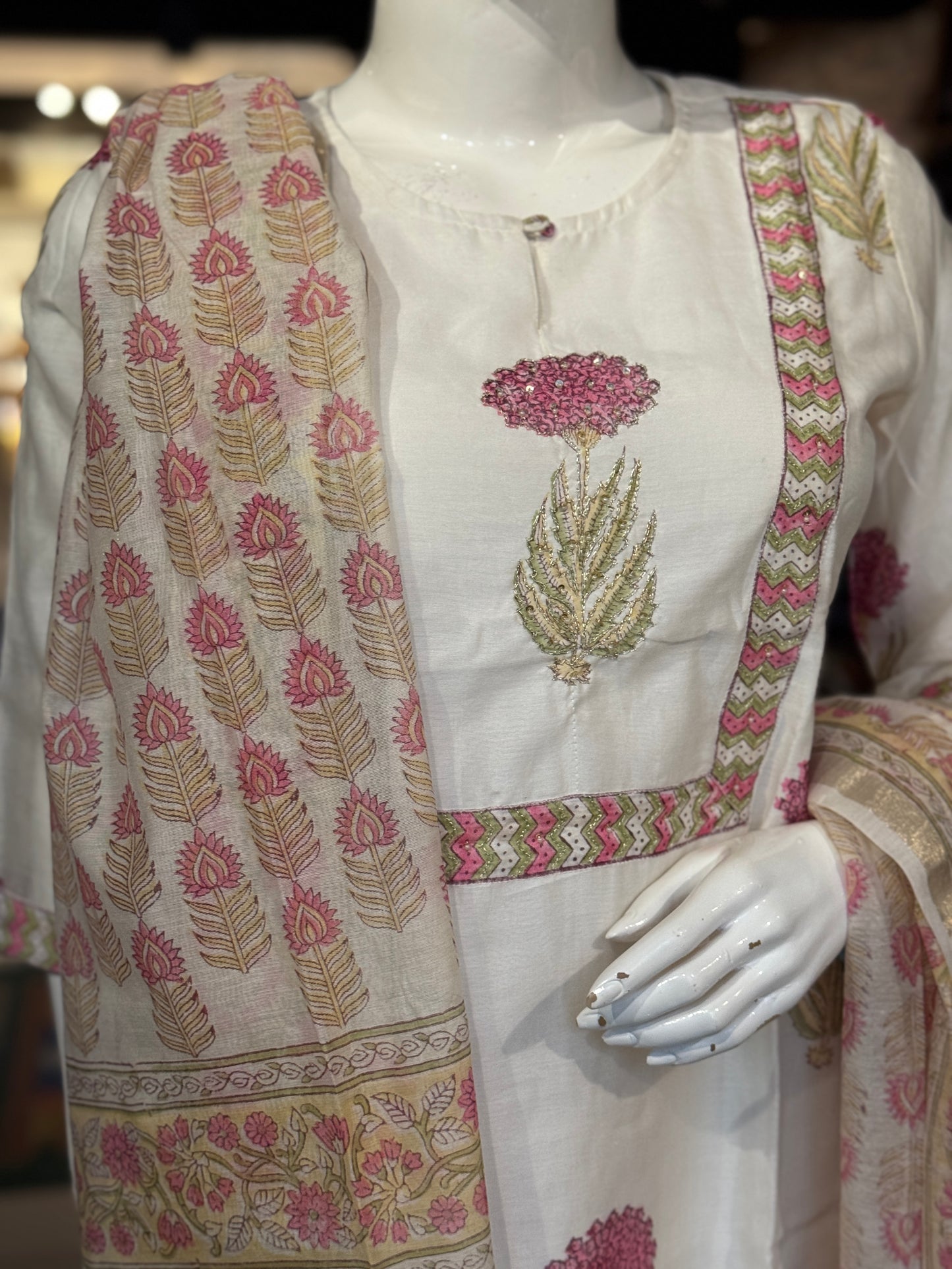 Ivory tone hand block print floral chanderi hand embroidered straight kurti, pants and dupatta - 3 piece suit set