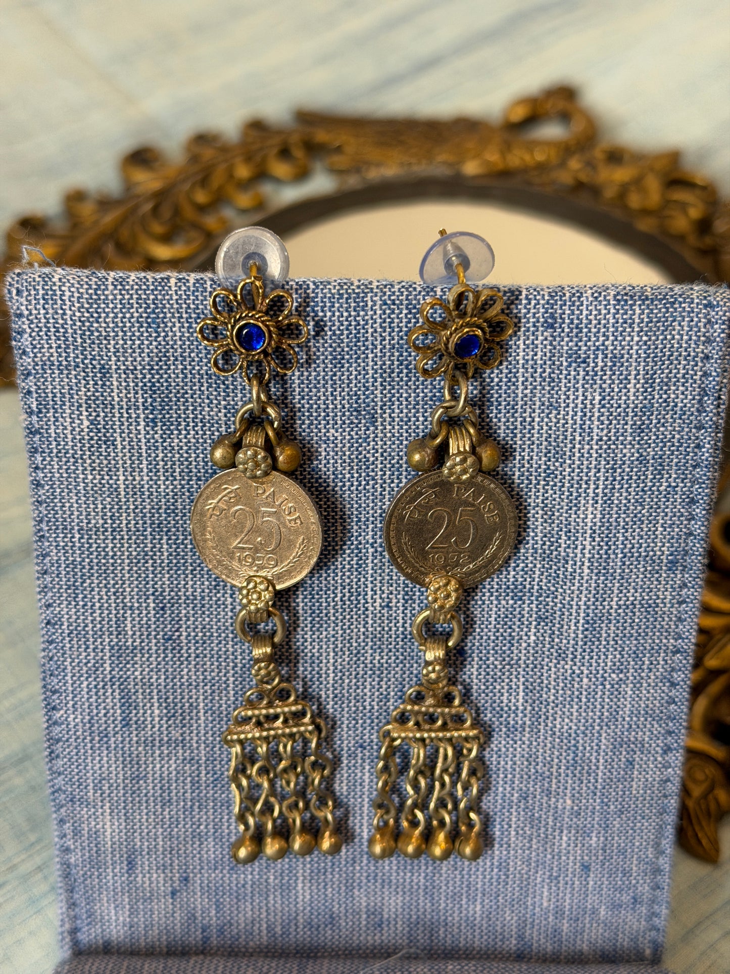 25 paisa coin vintage look earrings with flower stud and ghungroos - handcrafted