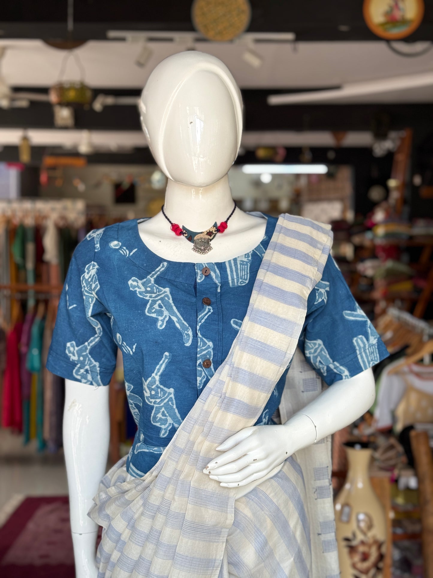 Cricket fever - natural dyed indigo blue hand block printed crop top / blouse