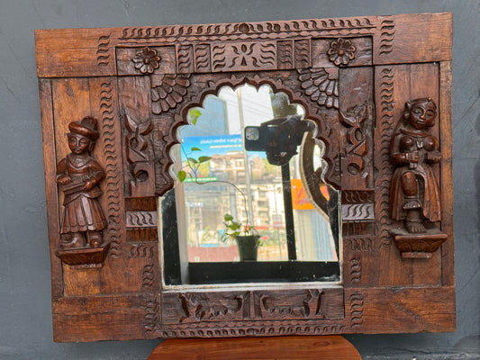 Vintage Mirror Jharokha in wood with carved figurines on both sides - hand crafted unique vintage wall decor