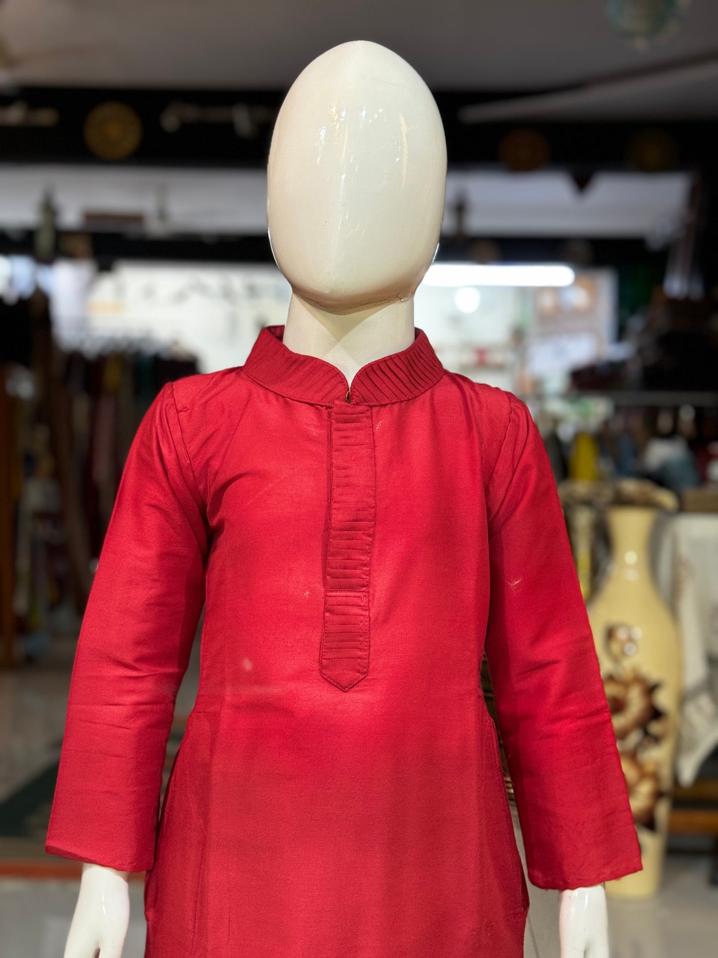 Red long kurta, silver chudidhar pants - 2 piece ethnic set for boys