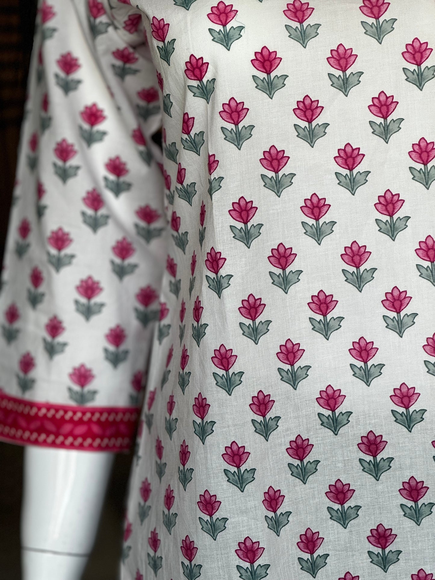 White and pink floral cotton short kurti