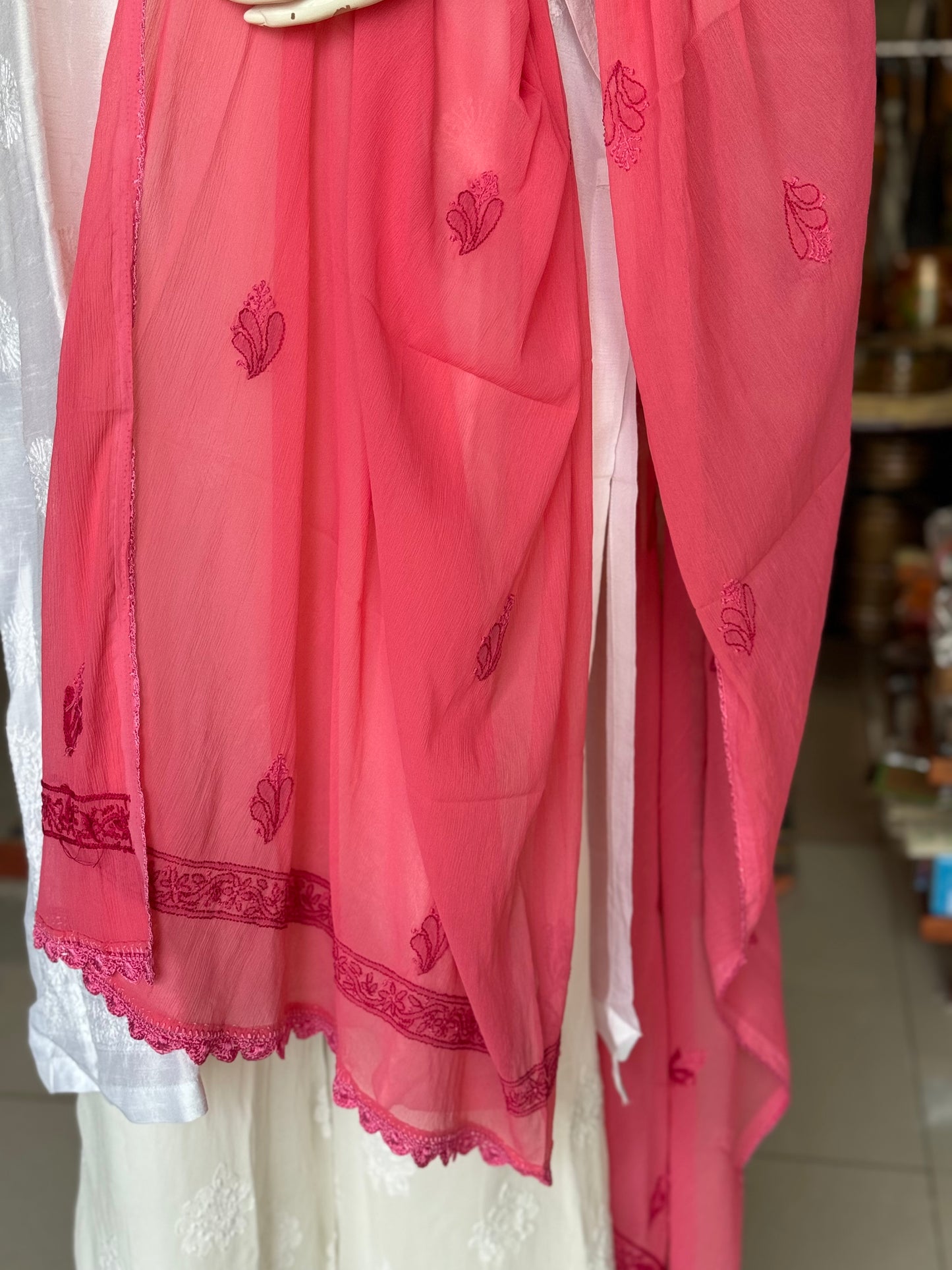Chikankari hand embroidered semi chiffon dupatta