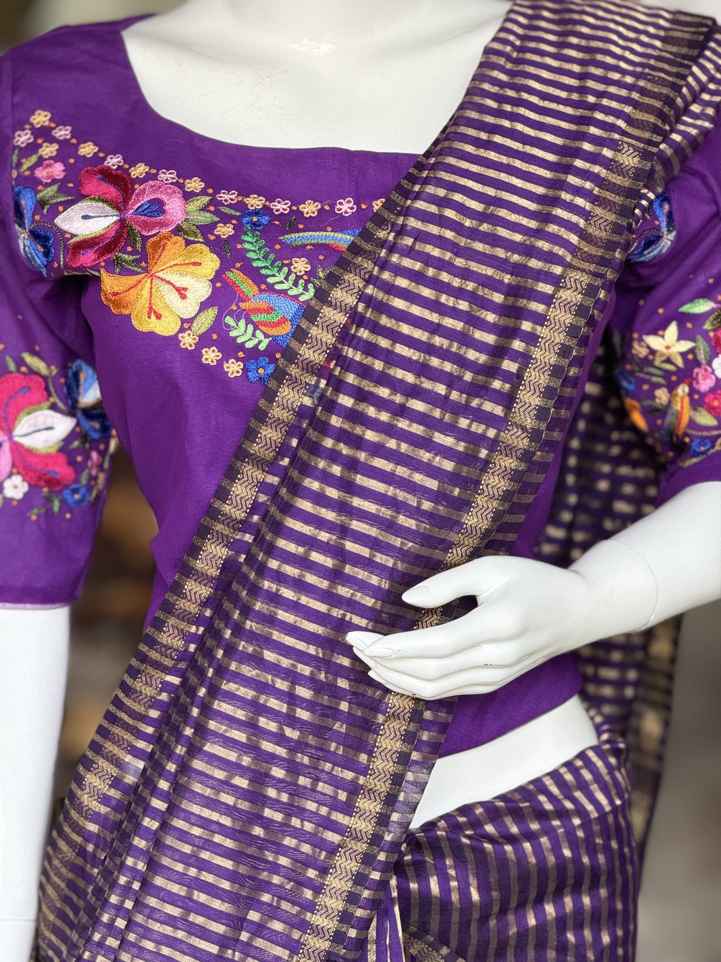 Purple convent embroidery net crop top blouse with elbow sleeves