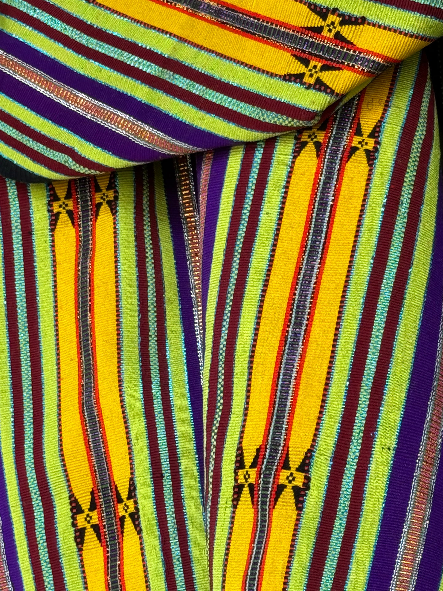 Bright yellow green violet stripes hand woven thick cotton stole from Arunachal Pradesh
