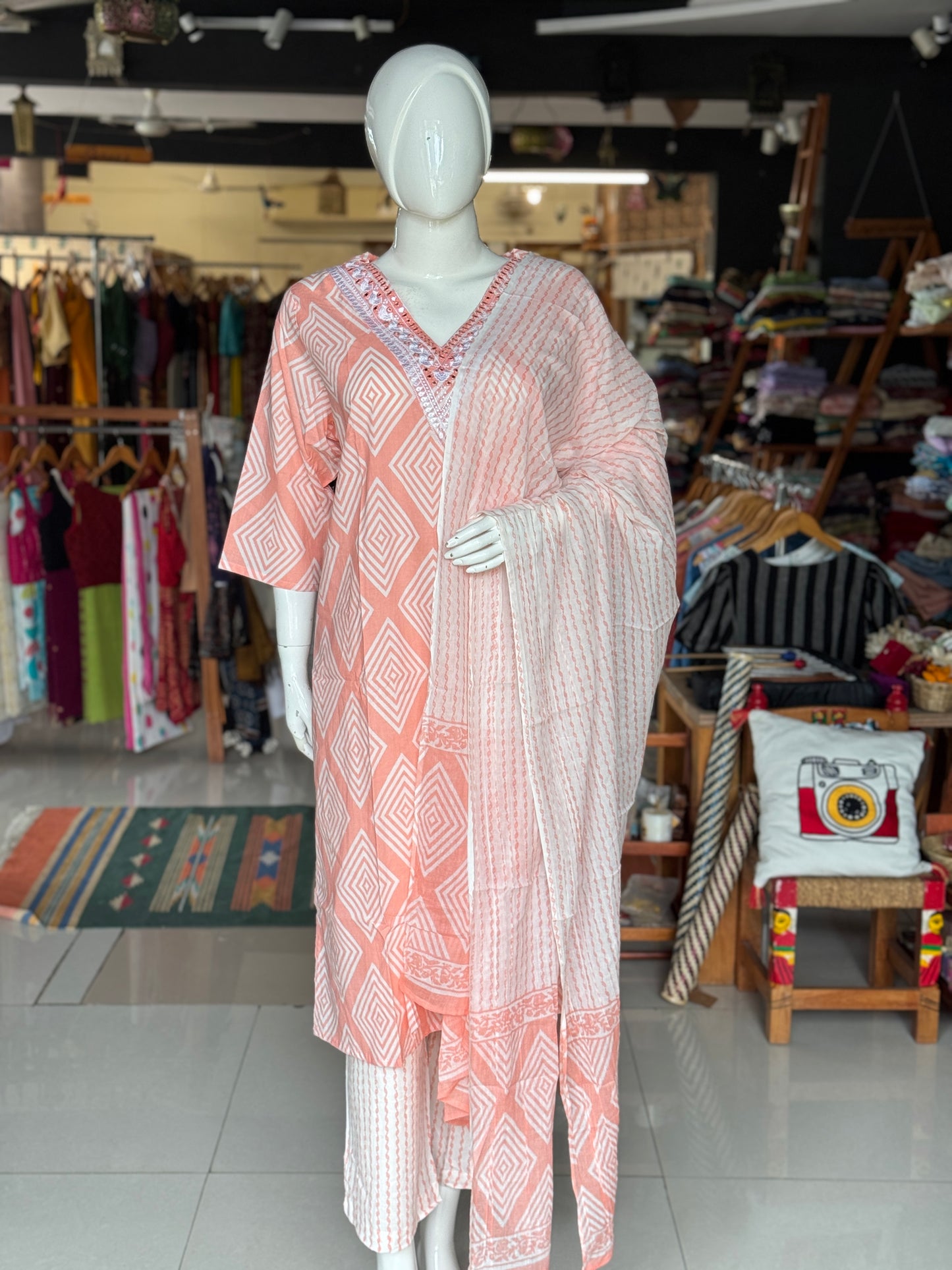 Plus size (4xl and above) cotton embroidered straight kurti, pants and dupatta - 3 piece suit set - multiple colors available