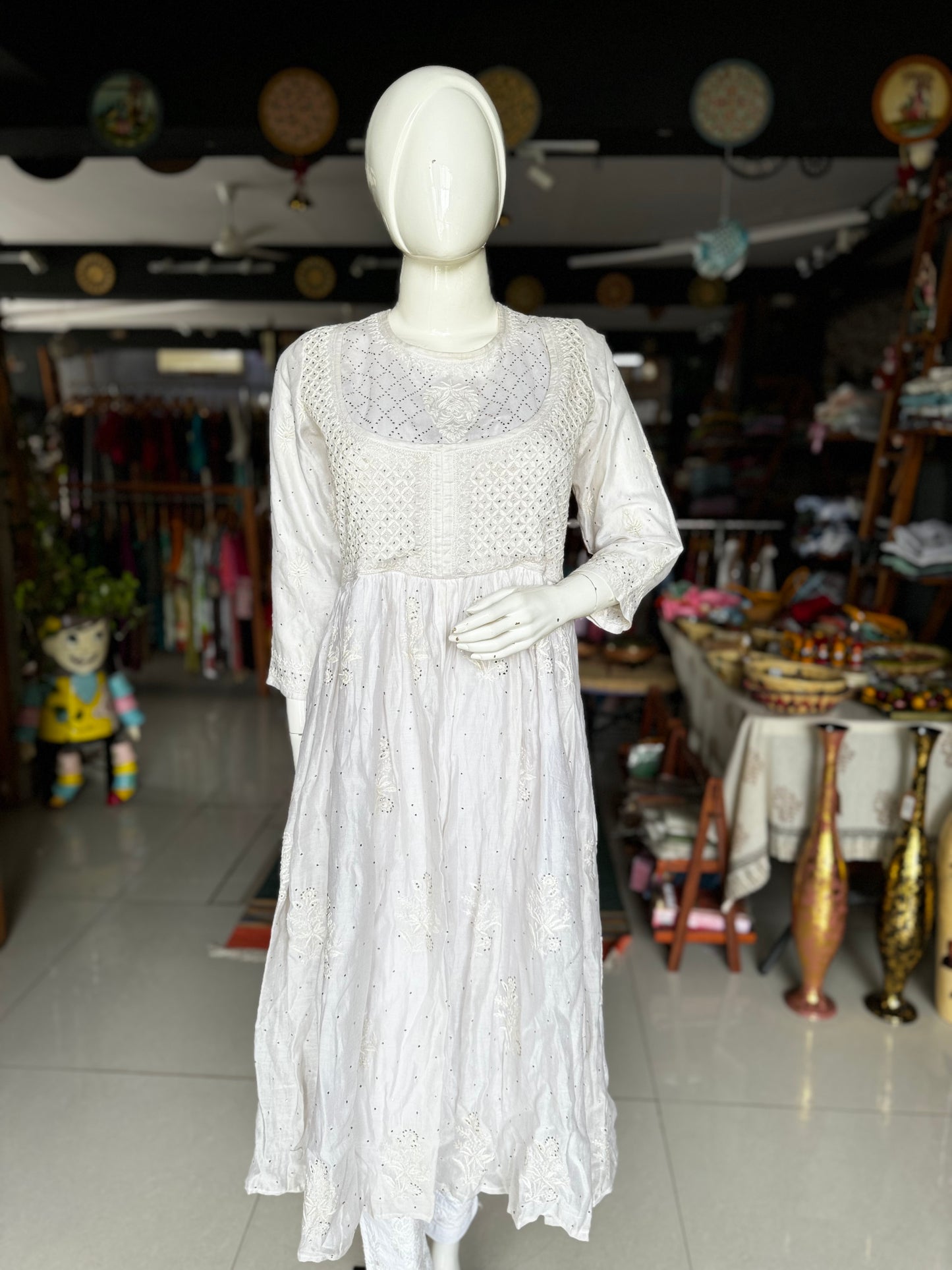 Off white chikankari mukaish hand embroidered anarkali dress
