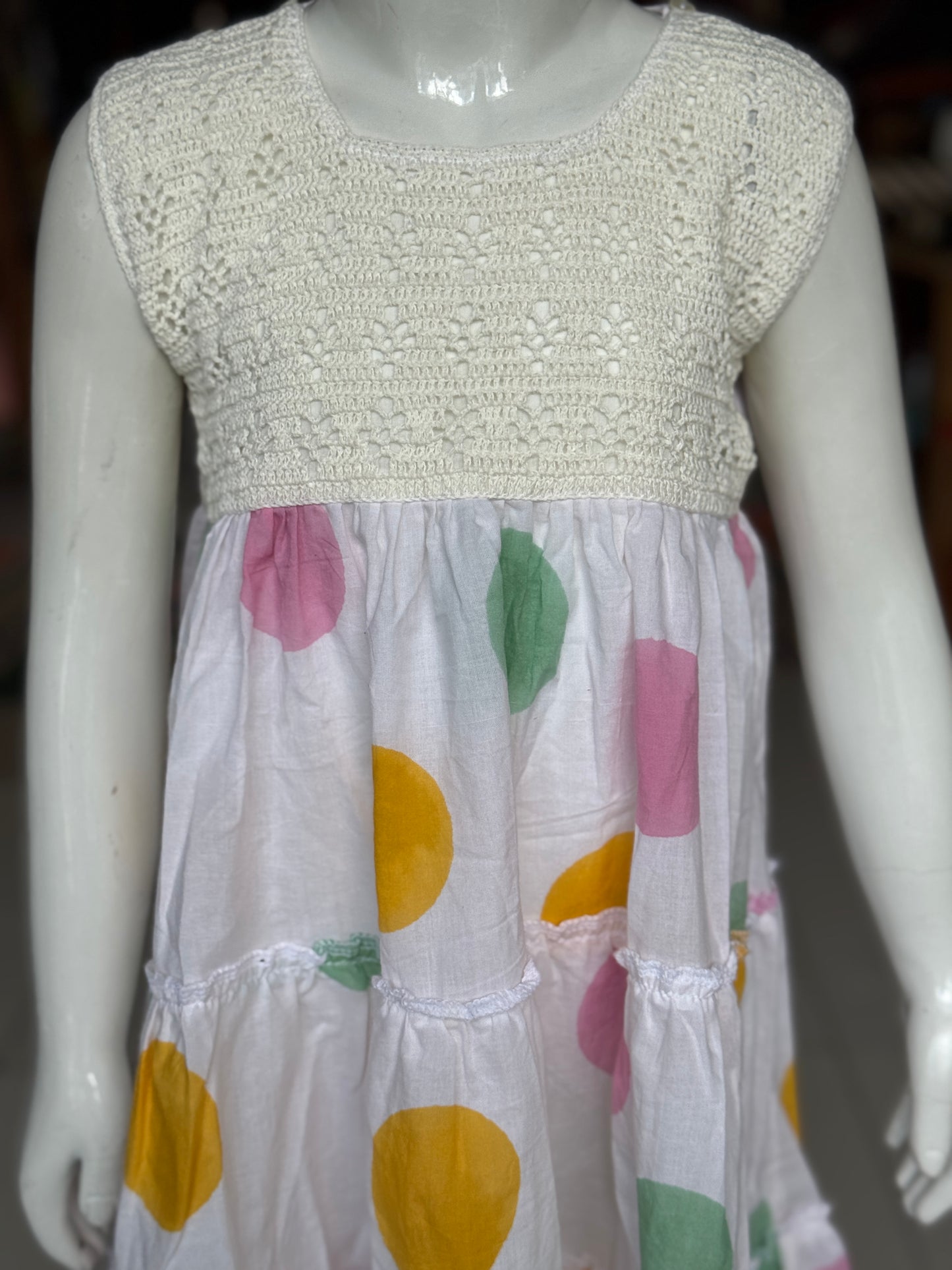 Tiered hand block printed cotton frock with crochet yoke for girls