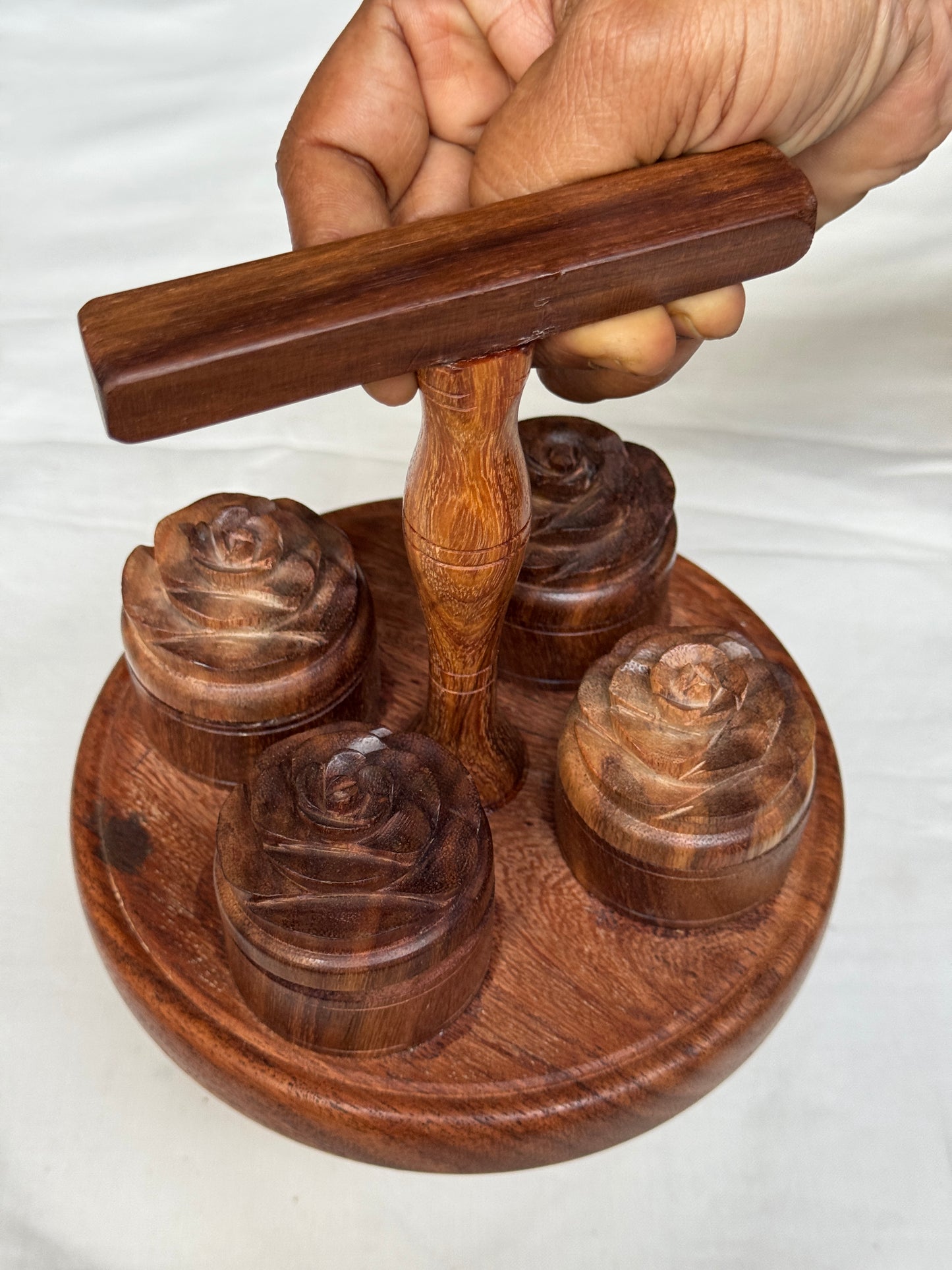 Carry pooja essentials together - handcrafted wood small haldi kumkum chandan akshat boxes with rose on top - with handle and attached to base