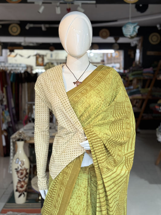 Olive green hand batik soft cotton saree