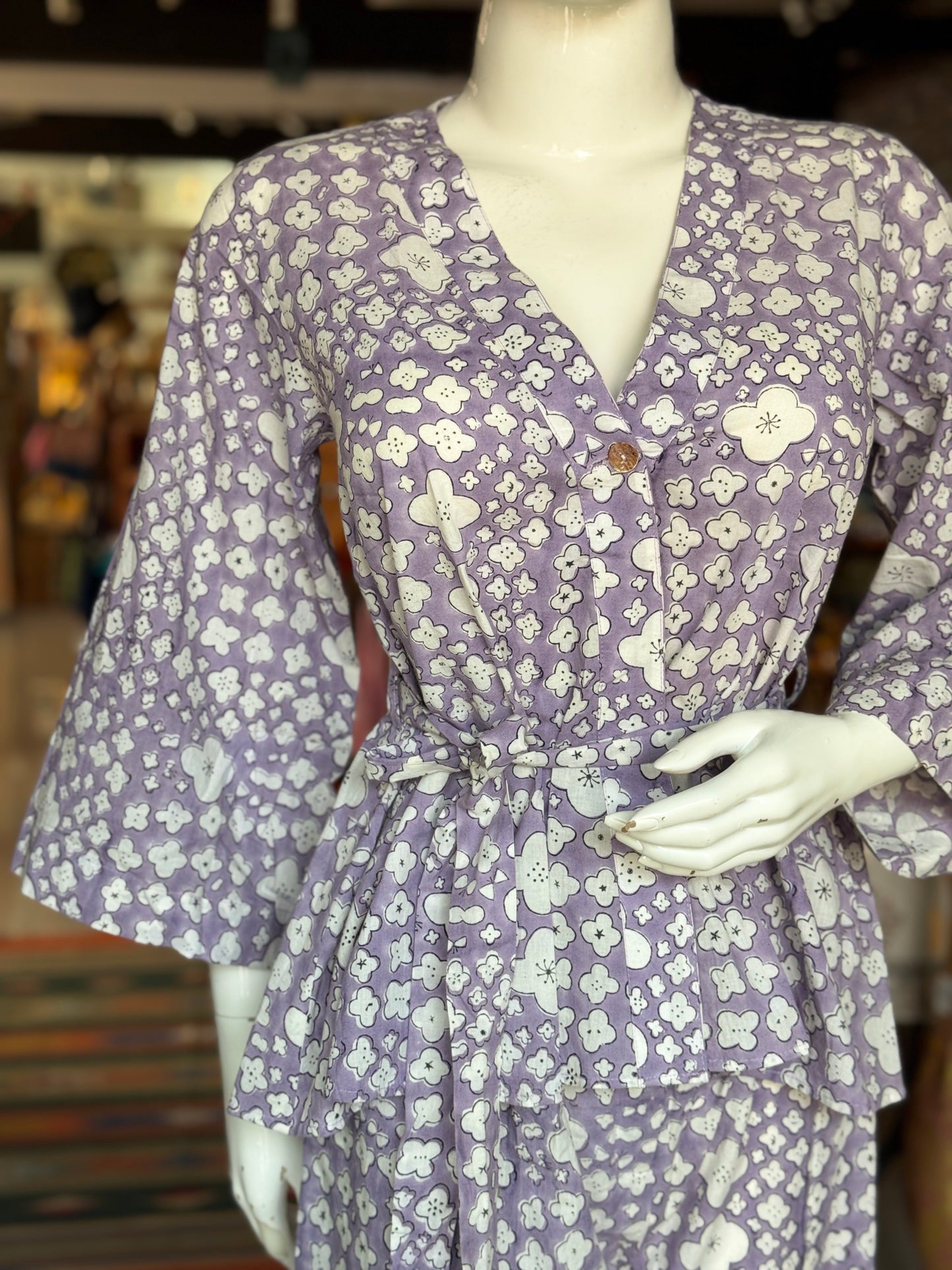 Lavender grey hand block printed cotton coord set with wrap top and pants