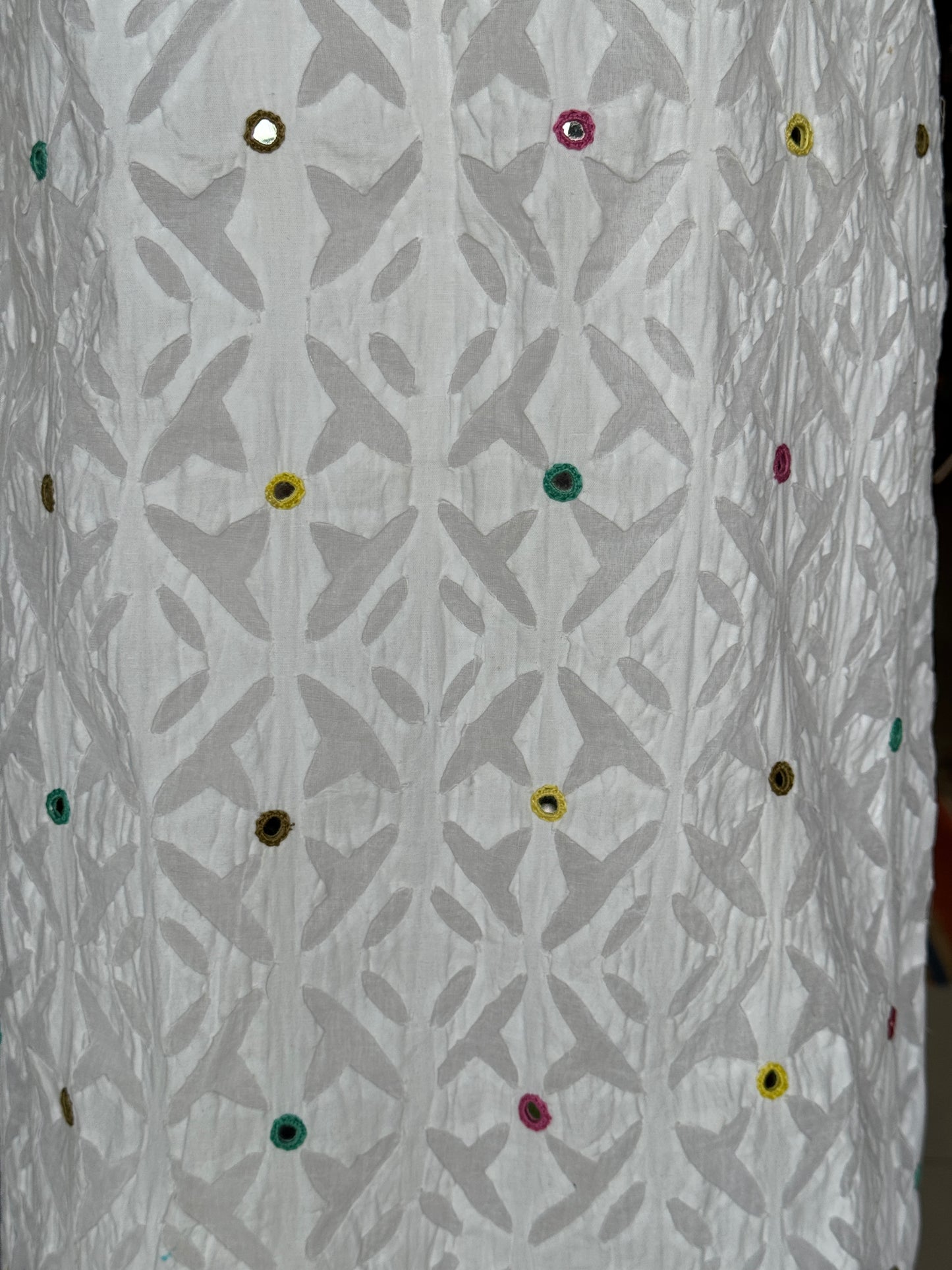 White appliq and hand embroidered mirror work cotton straight kurti with plain back