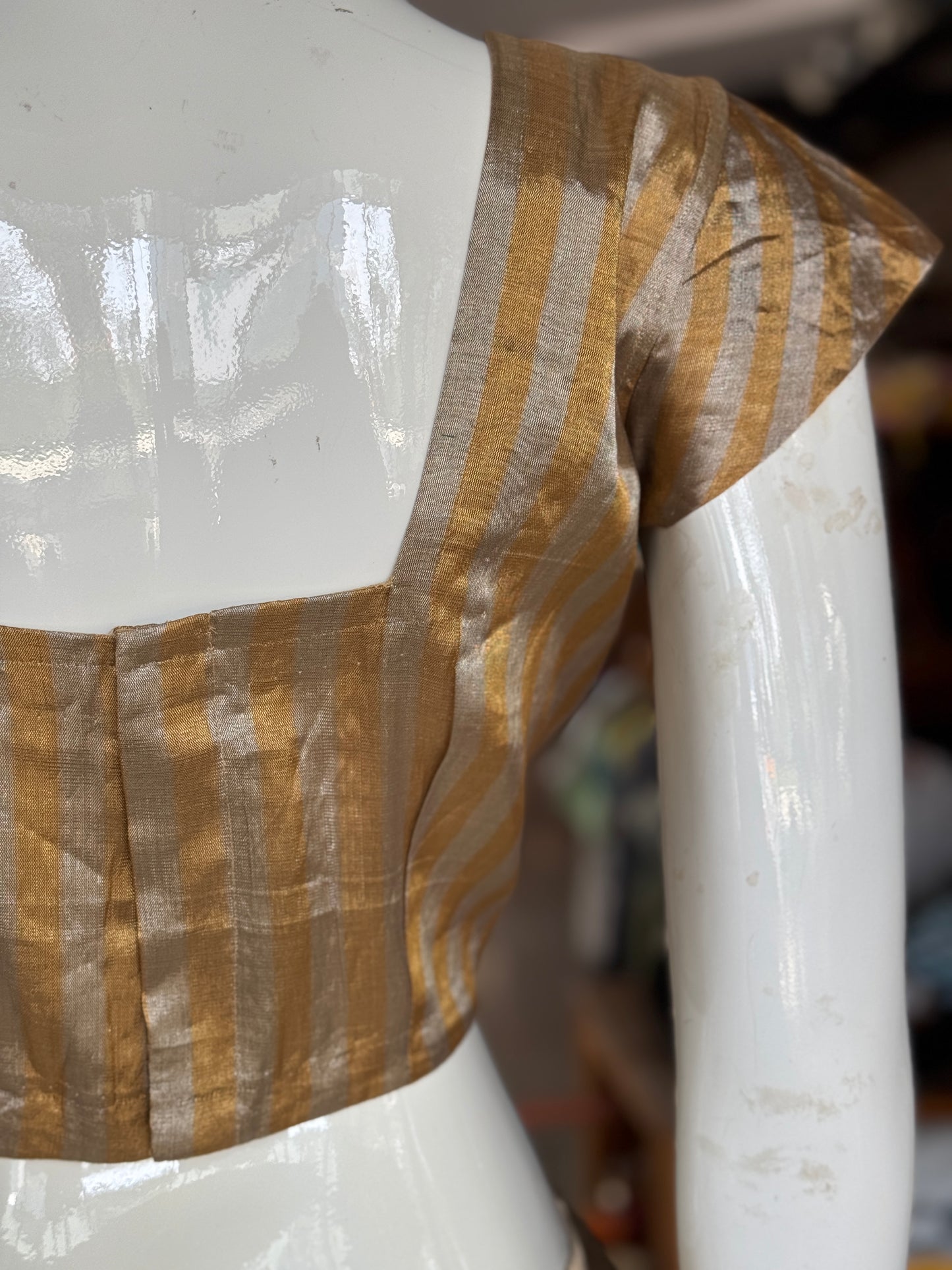 Gold n Silver stripes tissue silk Chanderi handloom blouse with square neckline and short sleeves