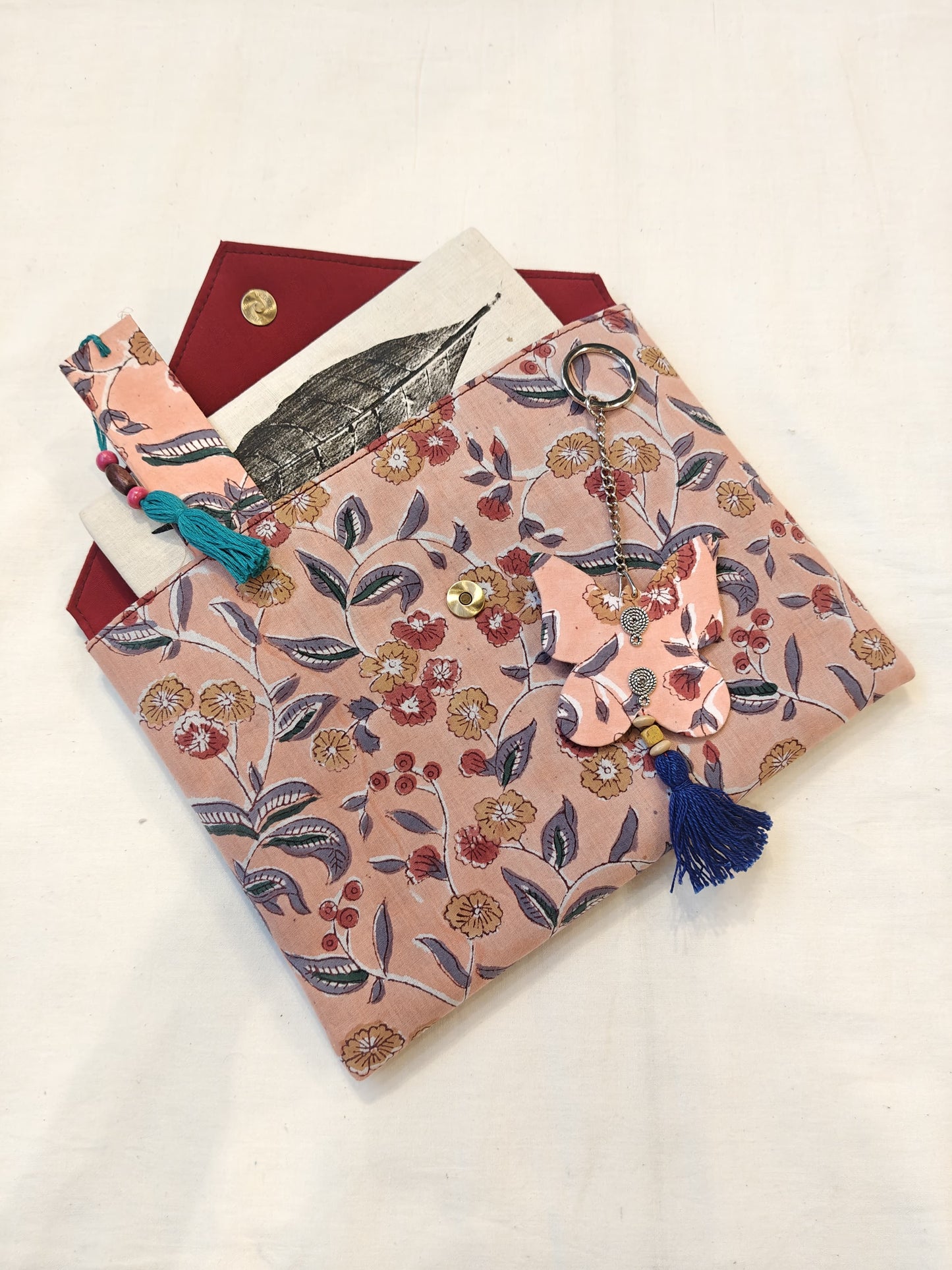 Handmade paper notebook with eco leaf printed fabric cover, hand crafted bookmark, key ring / charm and a container pouch set