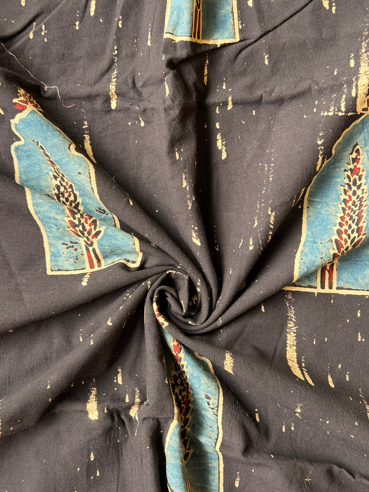 Black cotton fabric with Ajrakh hand block prints - indigo jharokhas print
