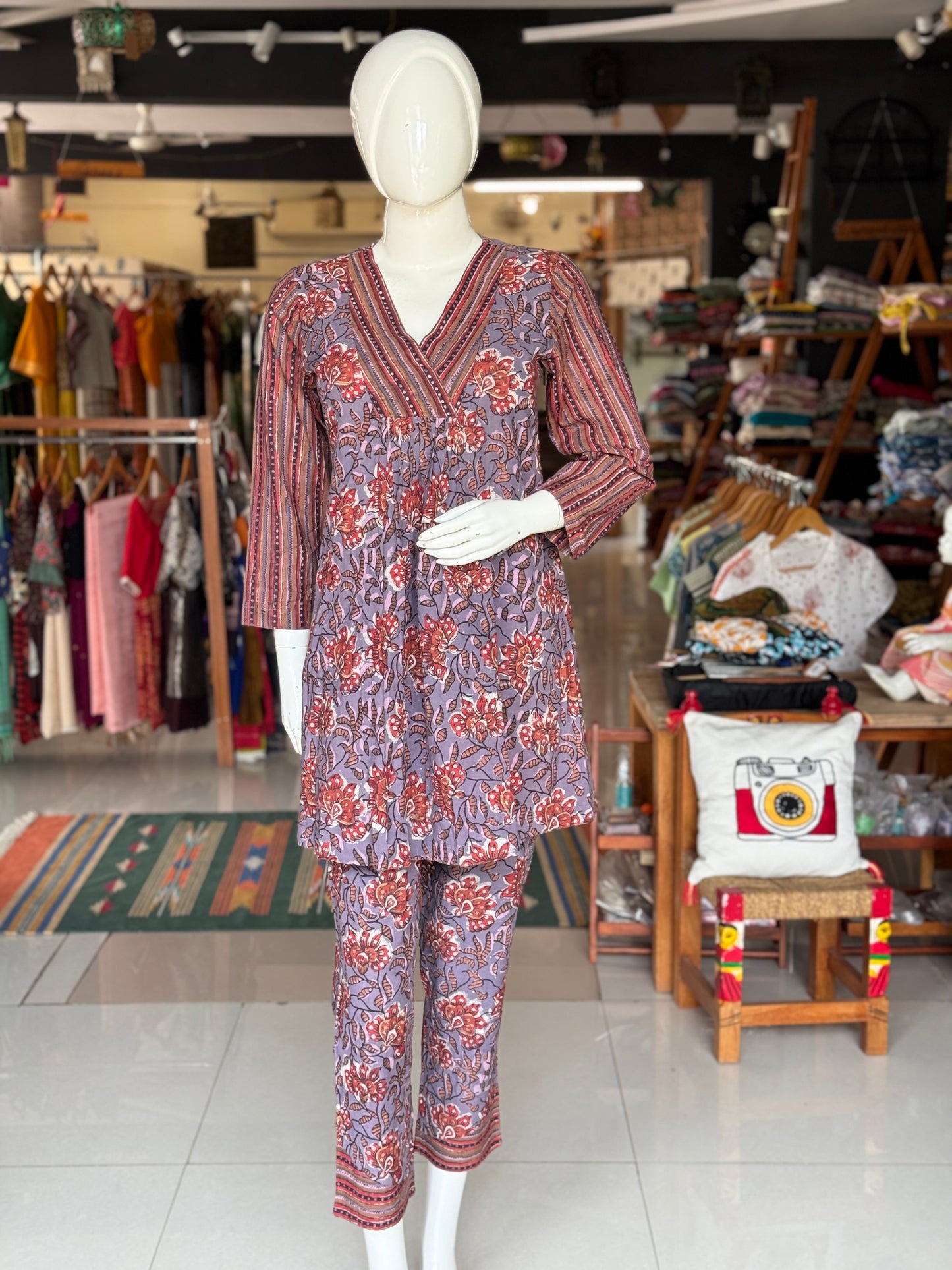 Purple stripes and flowers hand block printed short kurti with straight pants set