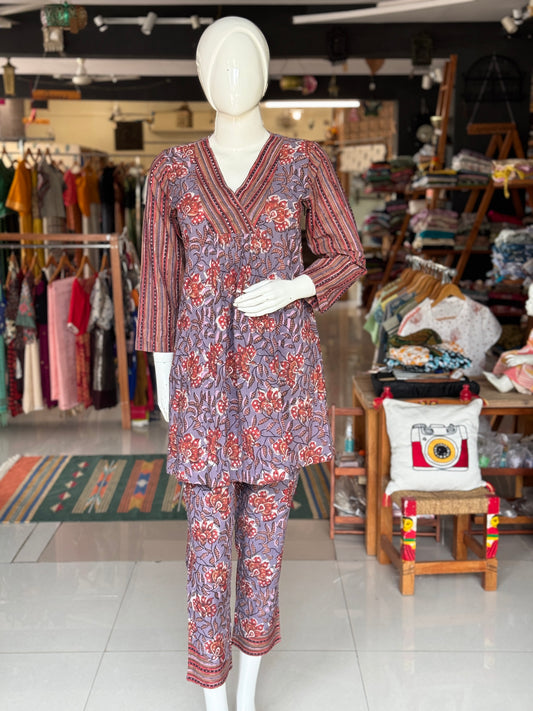 Purple stripes and flowers hand block printed short kurti with straight pants set