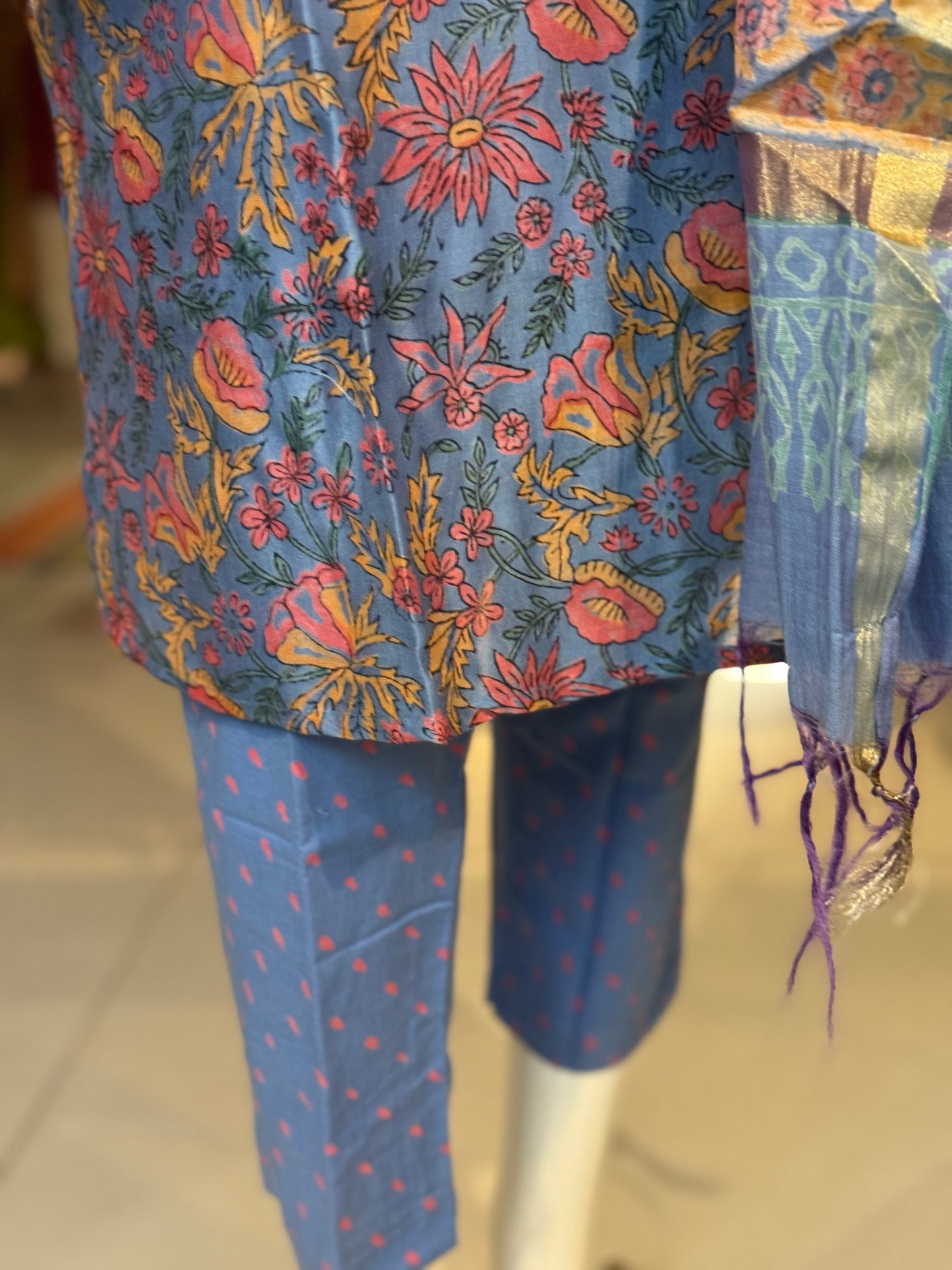 Sky blue hand block print chanderi hand embroidered straight collared kurti, pants and dupatta - 3 piece suit set