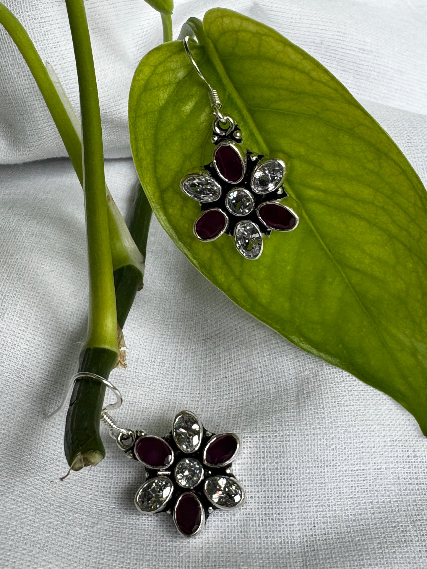 White and pink stones flower drop 92.5 Sterling silver hooks earrings