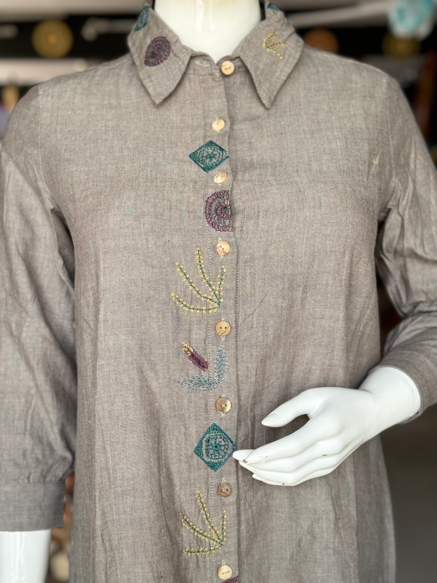 Grey cotton hand embroidered shirt dress
