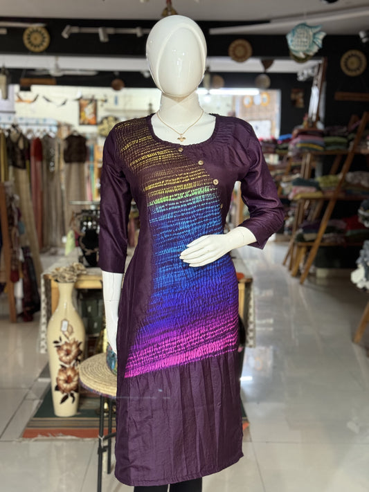 Wine shade mulberry silk multi color shibori designer kurti