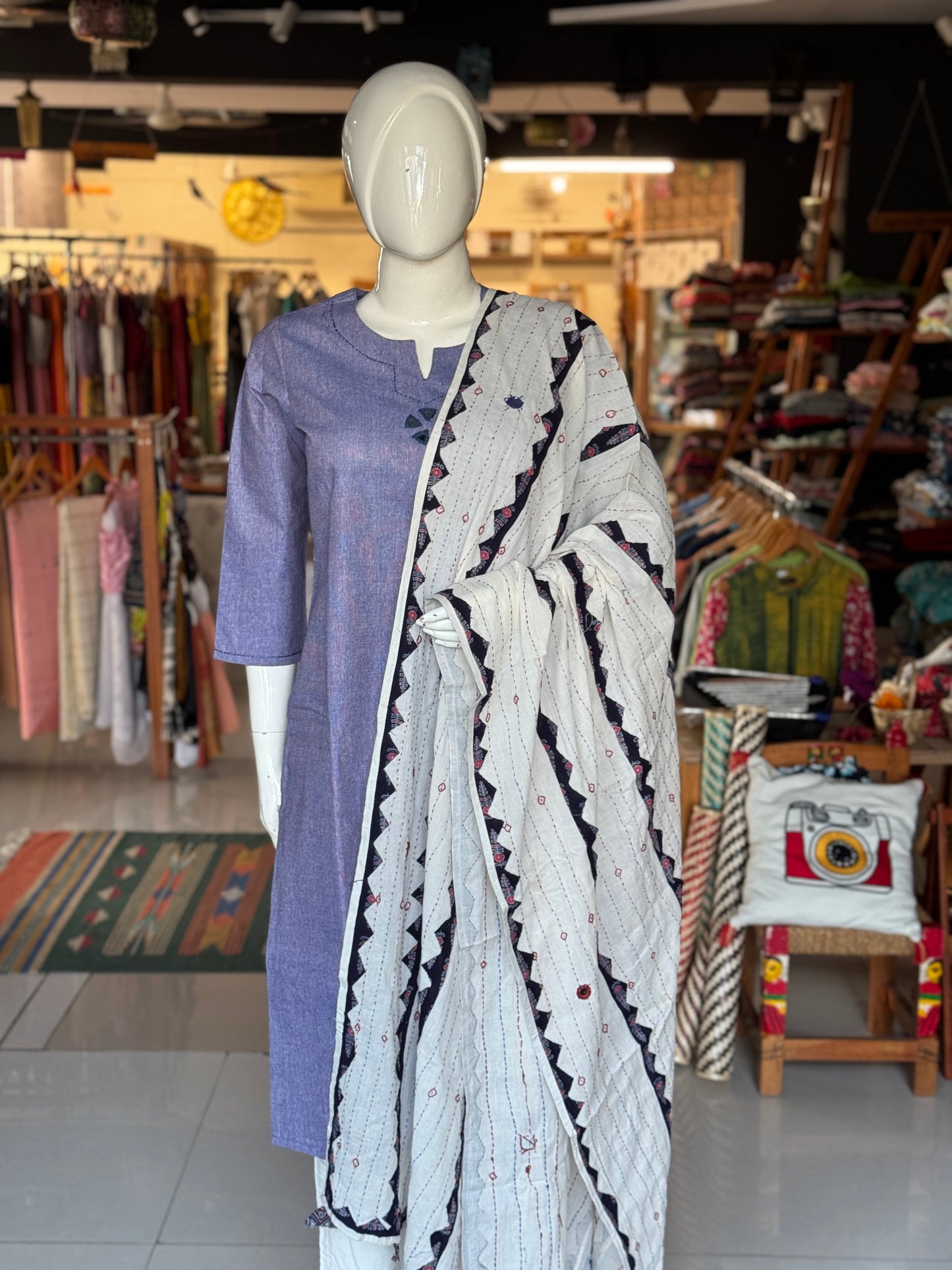 Appliq n hand embroidered mirror work cotton dupatta - click to see multiple designs
