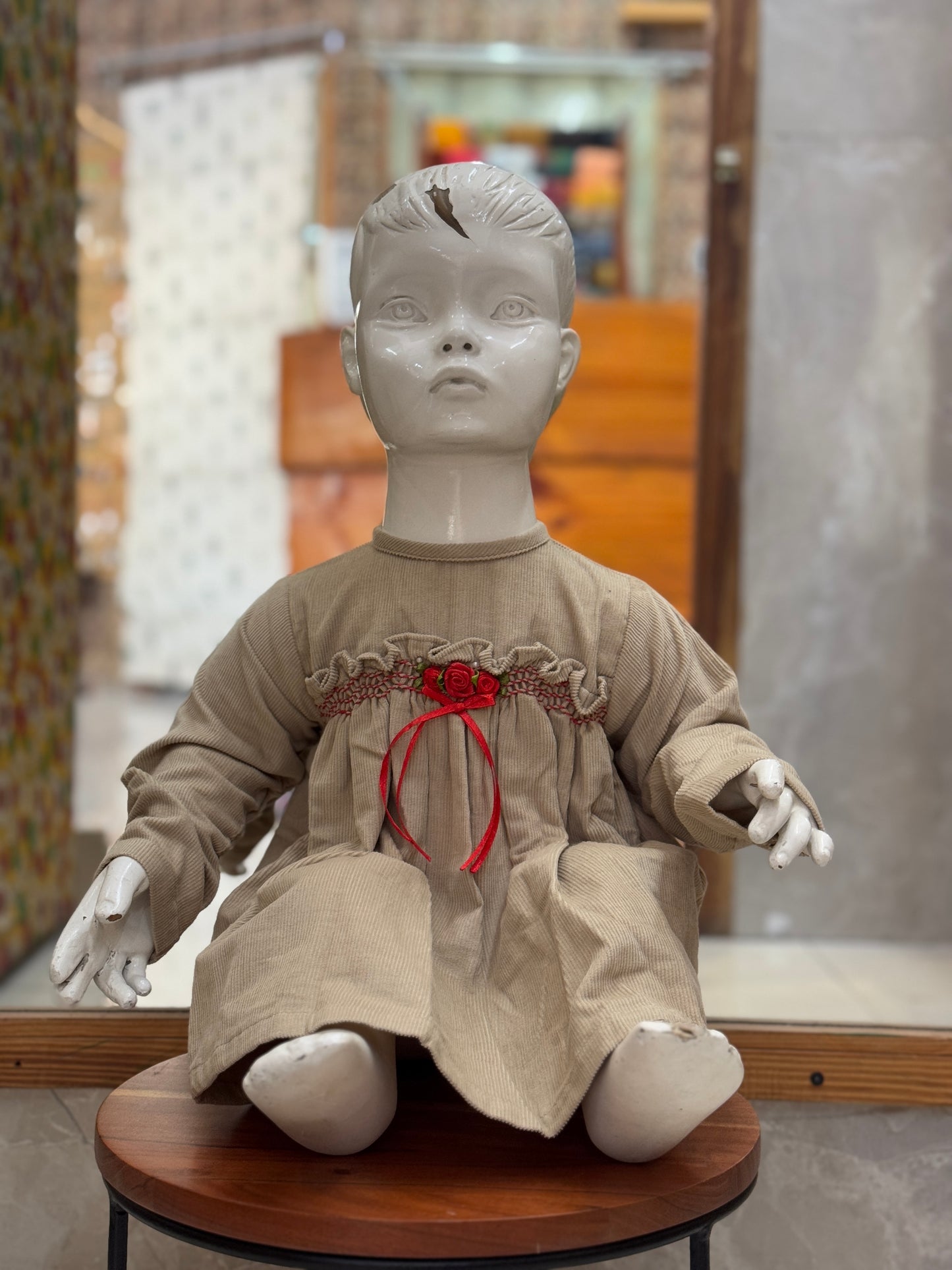 Corduroy soft frock with smocking embroidery