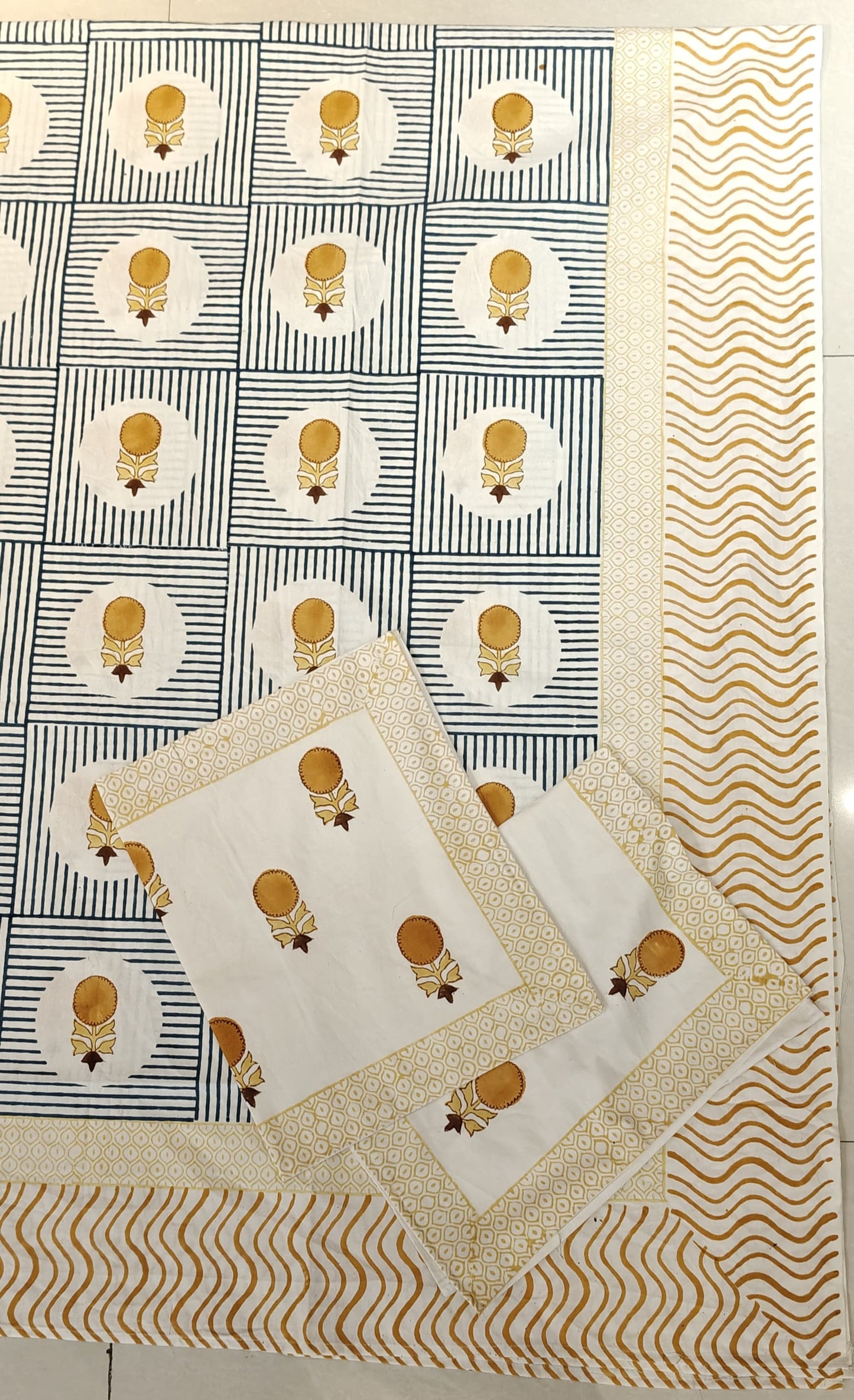 Super king hand block printed 108x108 inch bedsheet with 2 pillow cases - multiple designs available
