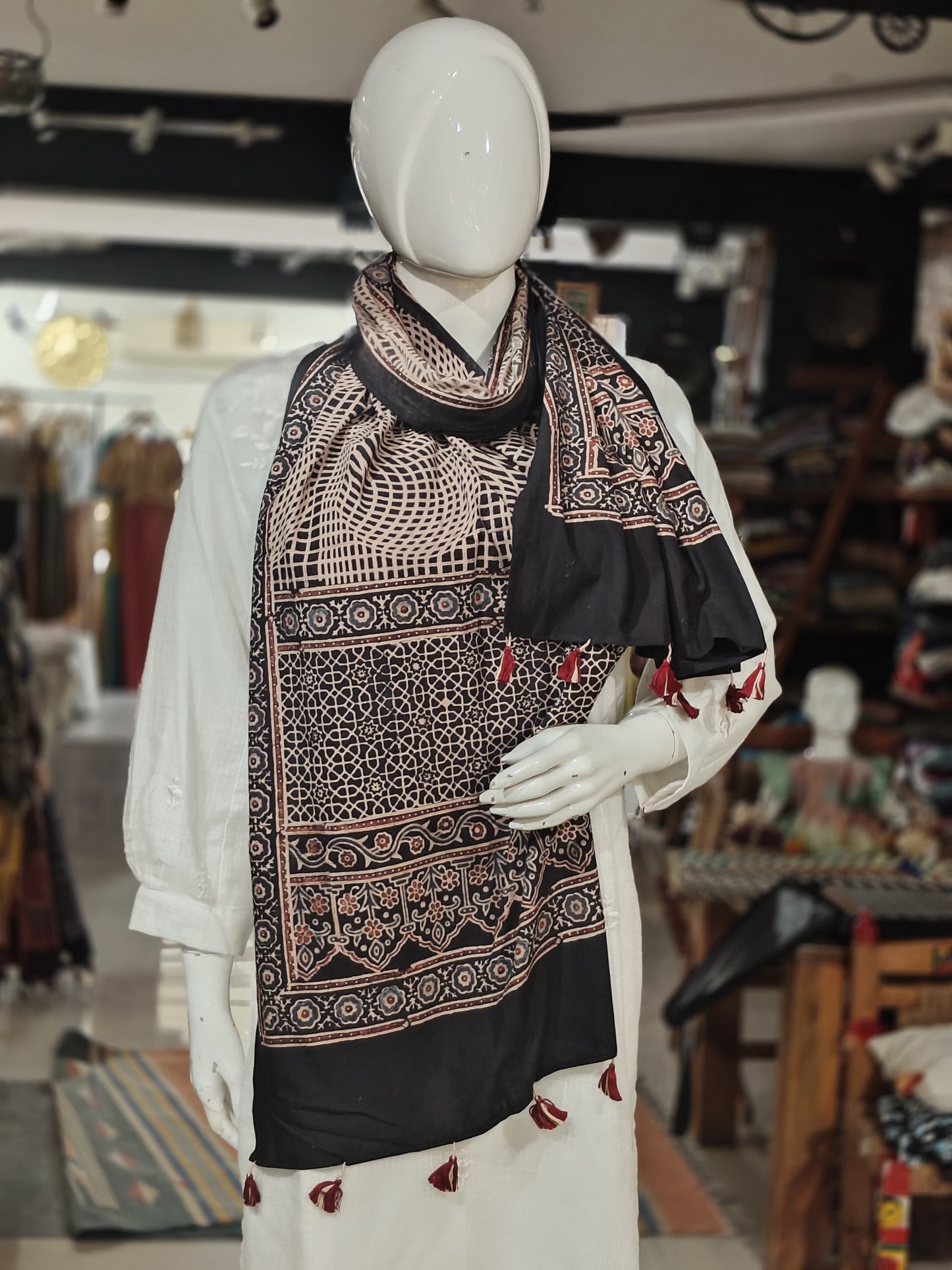 Ajrakh cotton stole - hand block geometric prints