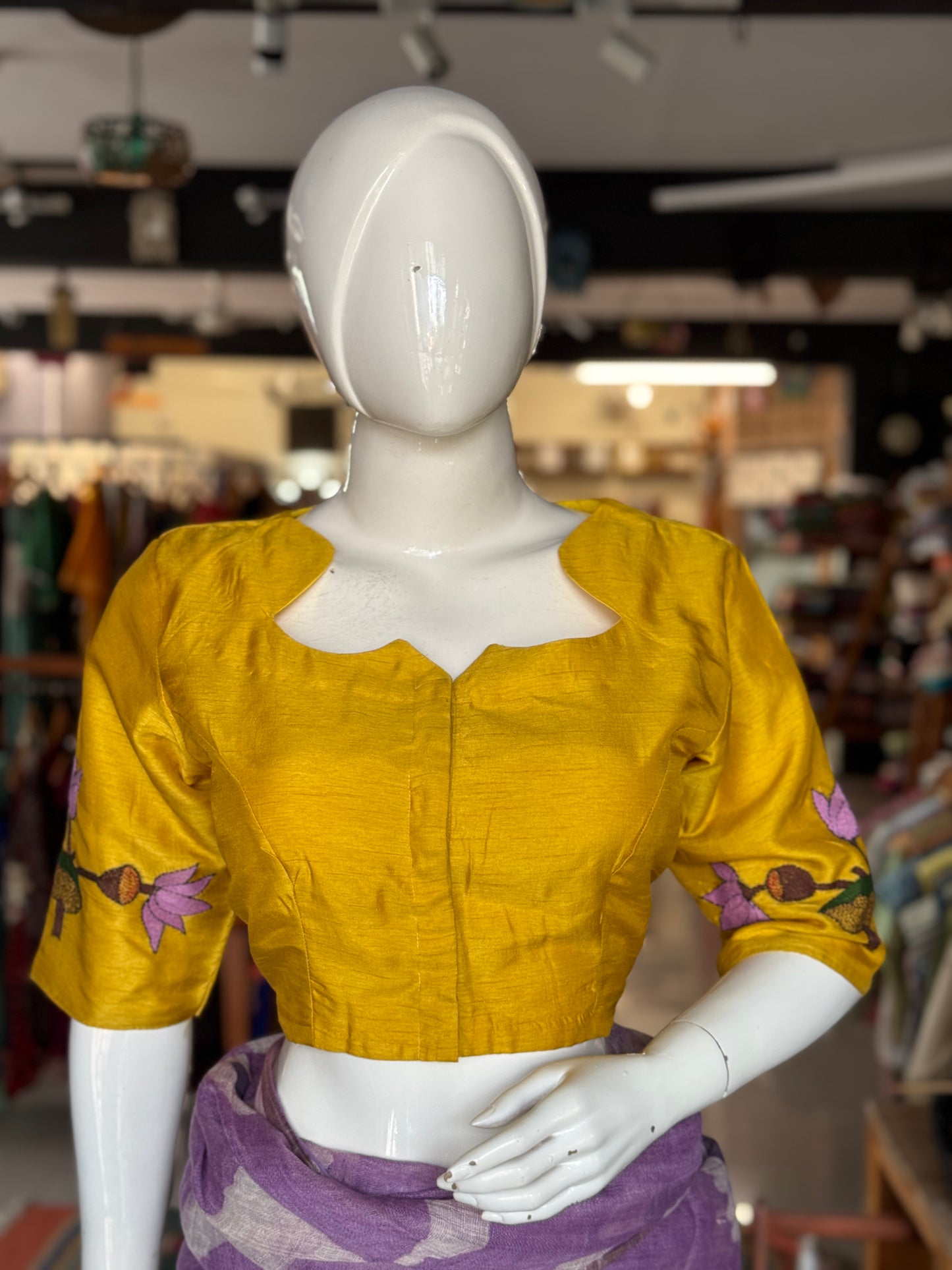 Yellow cow n calf with lotus - Kantha hand embroidered silk blouse