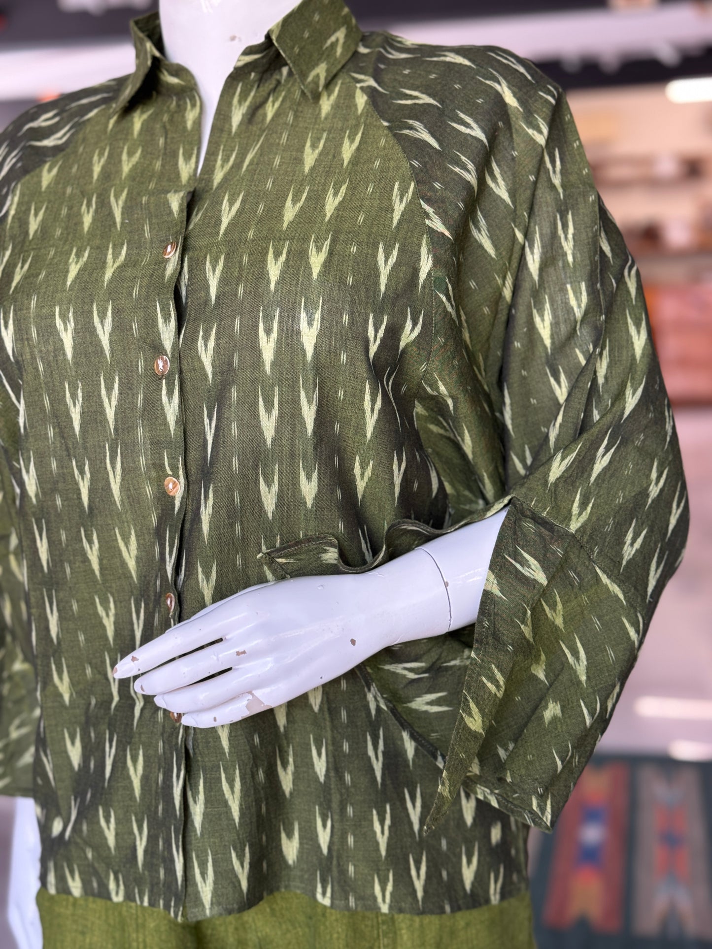 Green cotton hand woven Ikat shirt - click to see designs