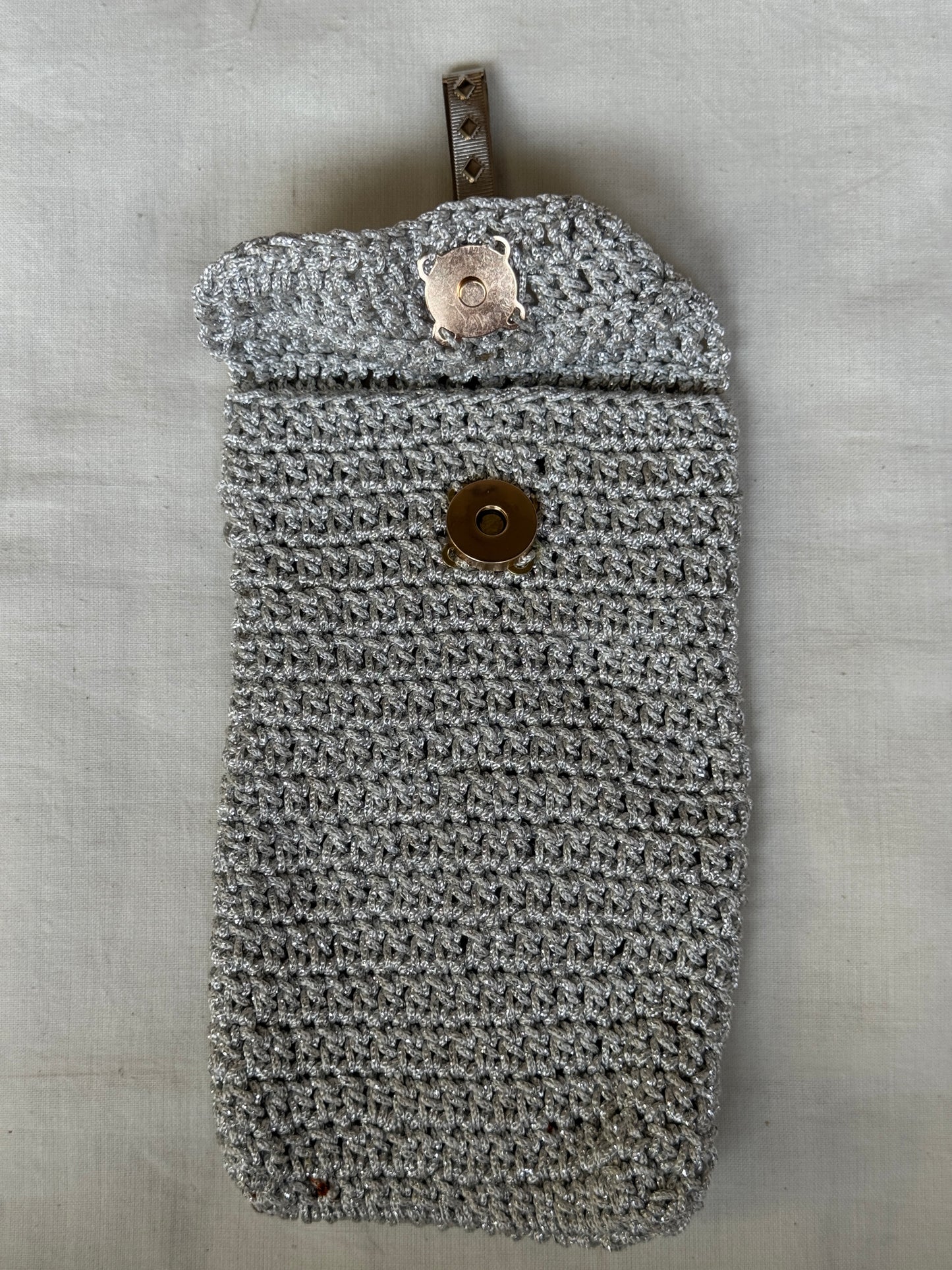 Silver Crochet Mobile phone pouch with waist clip on and magnetic closure - handcrafted crochet