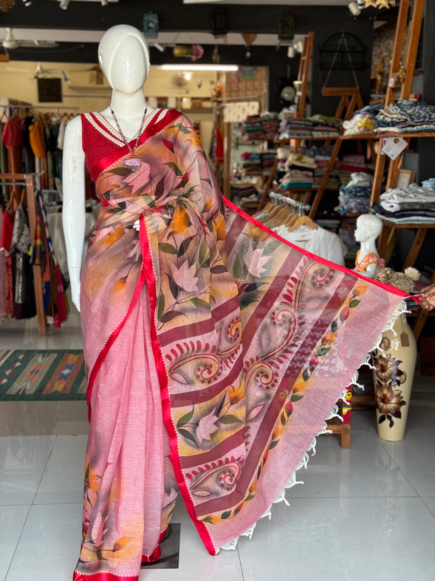 Pink floral hand painted cotton saree