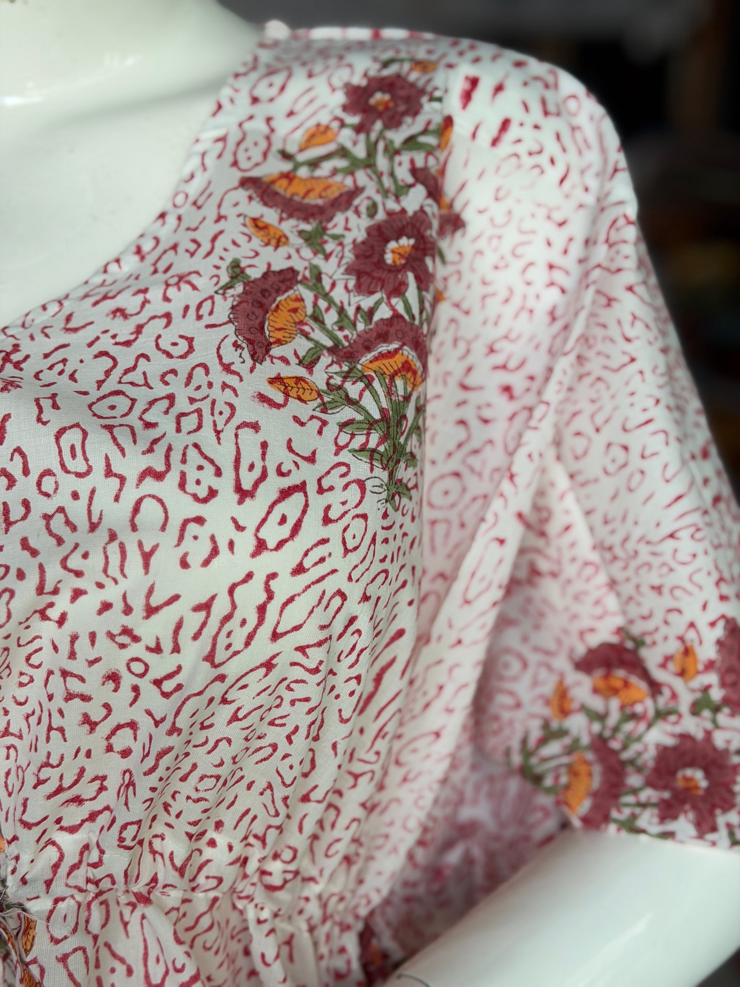 White animal print and flowers Kaftan top in cotton hand block prints and plain cotton pants - 2 piece set