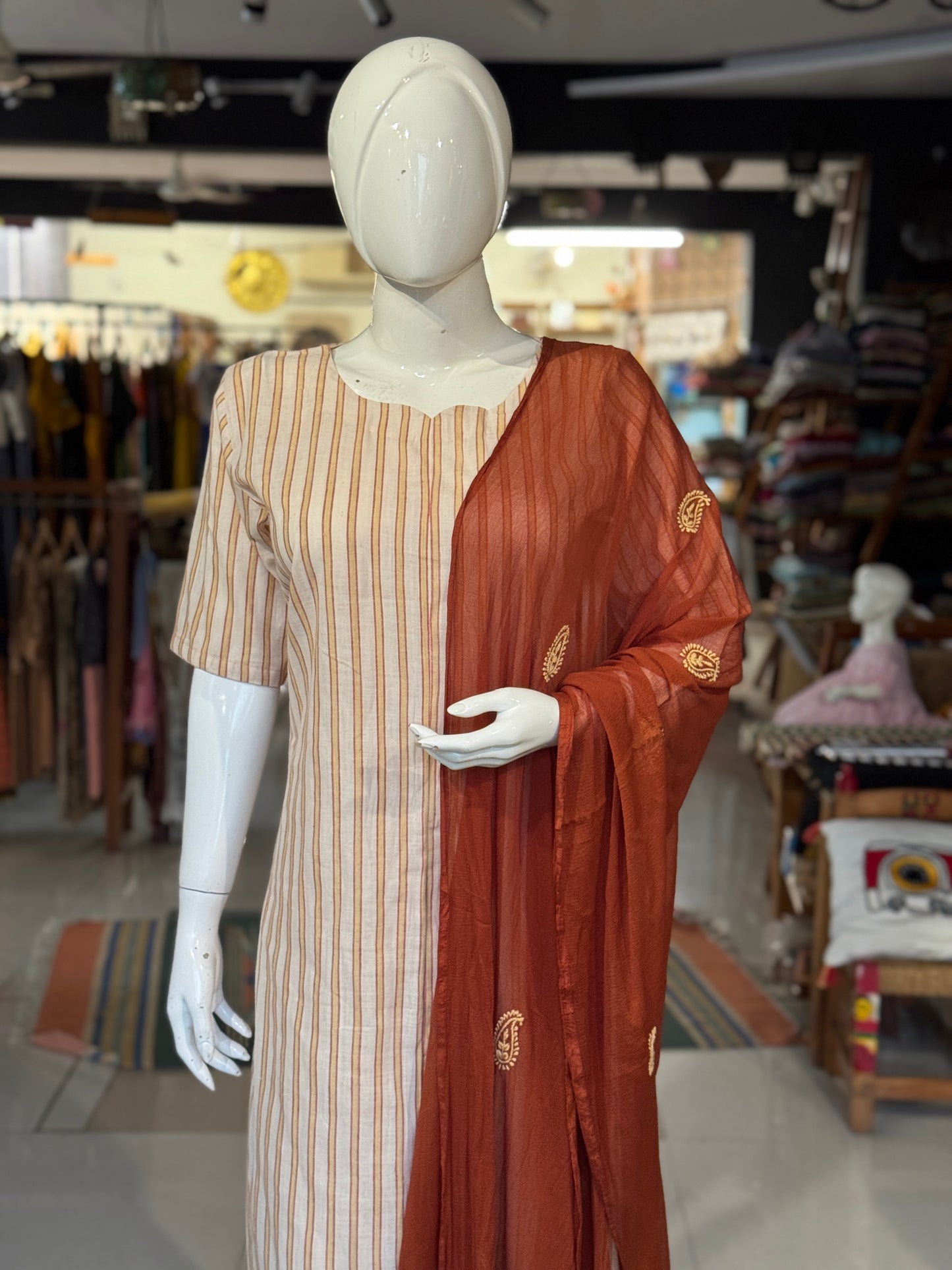 Yellow off white stripes straight kurti - hand spun, handwoven, natural dyed cotton straight kurti