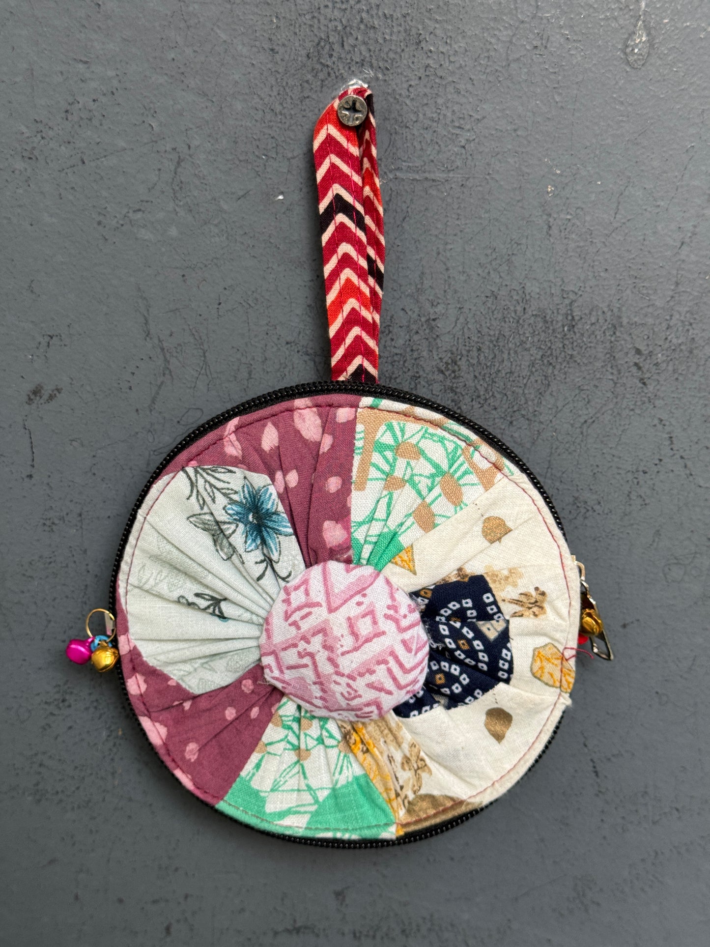 Upcycled handwoven fabric patch work round gifting / coin pouch with zipper closure