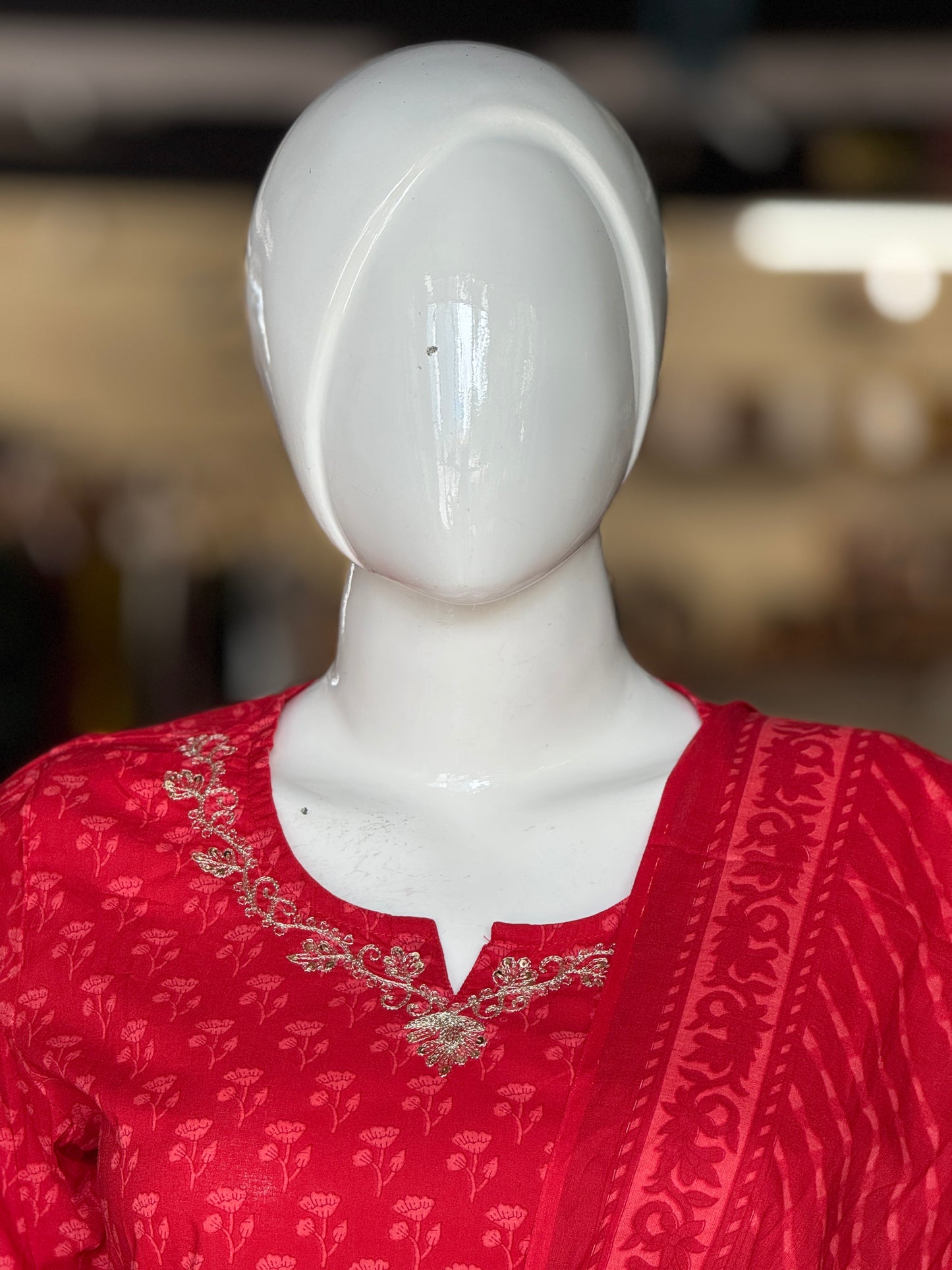 Red small print cotton embroidered straight kurti, pants and dupatta - 3 piece suit set