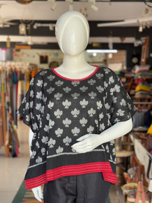 Black - Taash - King of club design cotton handloom soft ikat kaftan top with hand embroidery detailing