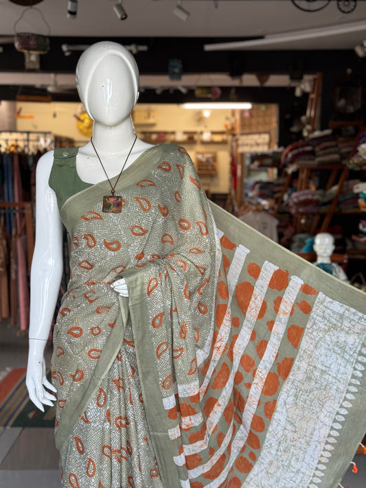 Green and orange hand Batik soft cotton saree