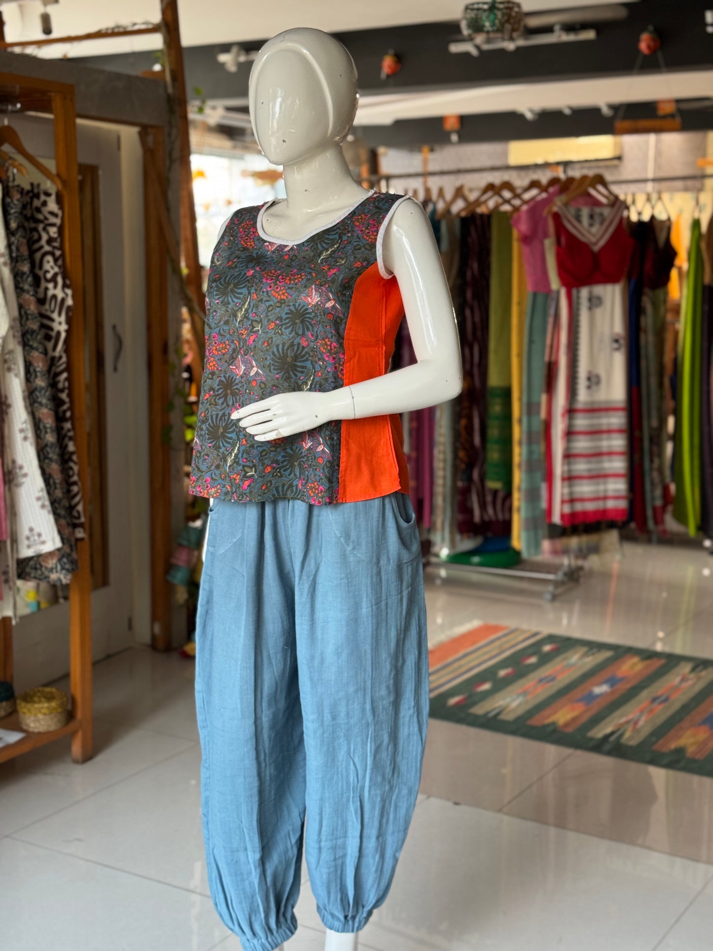 Teal blue soft double cotton harem pants for women with elastic hem