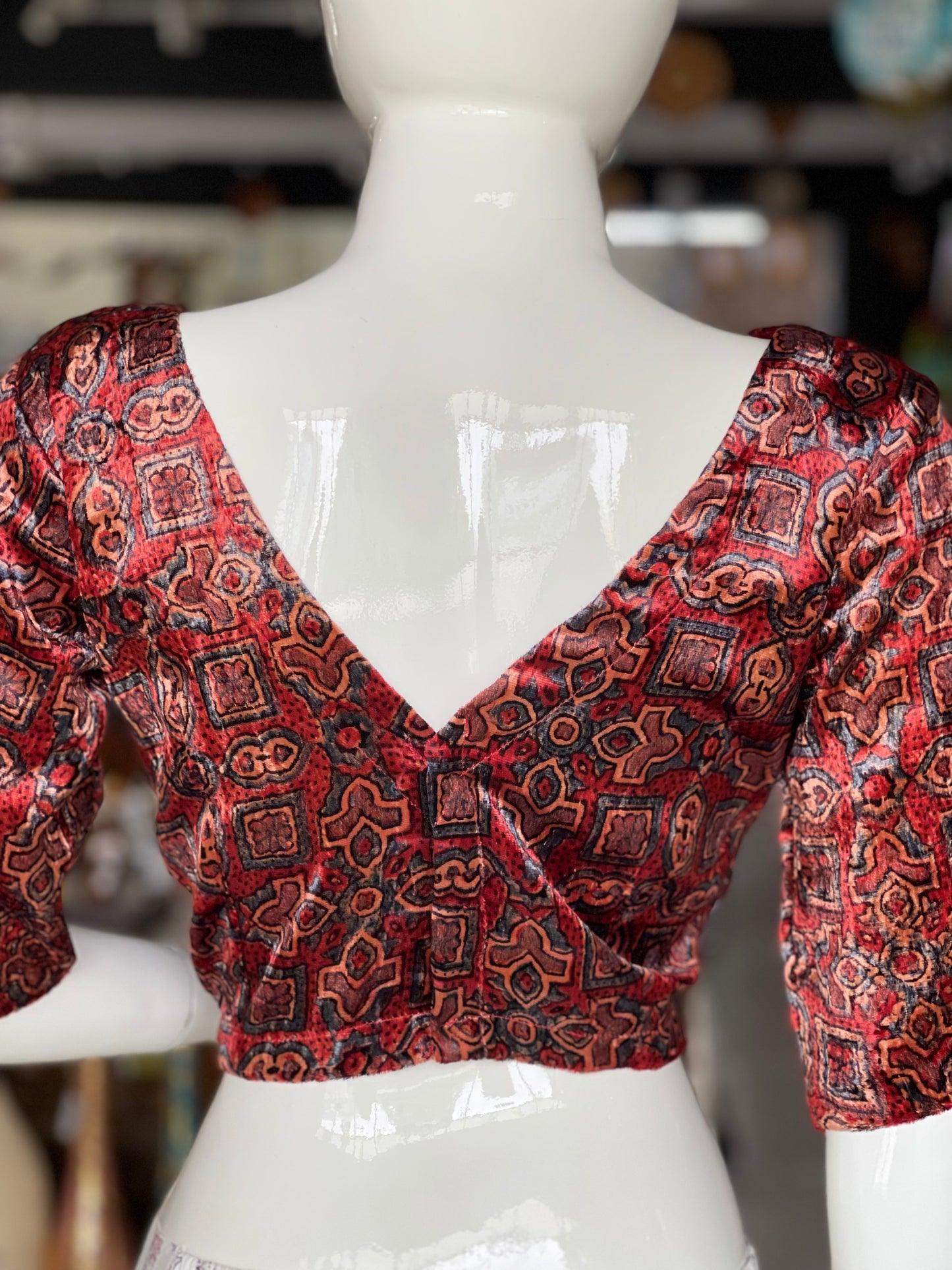 Maroon luxurious velvet blouse with hand block printed ajrakh - V neck blouse, with elbow sleeves, back open, without pads, with liningl