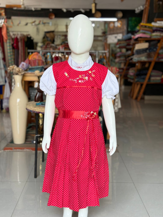 Red polka dots sleeveless cotton embroidered frock with embroidered white puff sleeves inner top for little girls